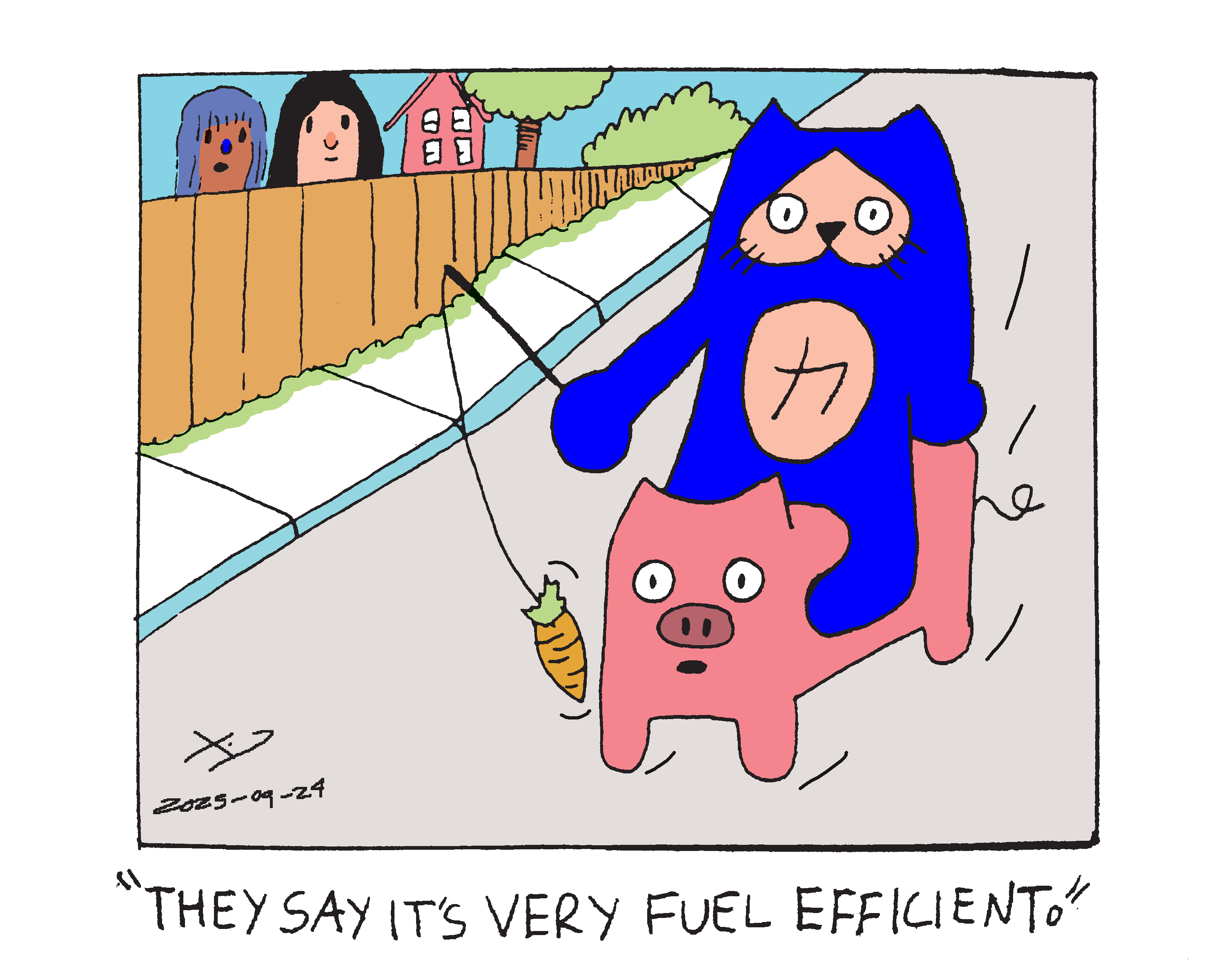 Power cat is riding a pig down the street and holding a carrot on a stick in front of him. Two women stand behind a fence and one says they say it's very fuel efficient.
