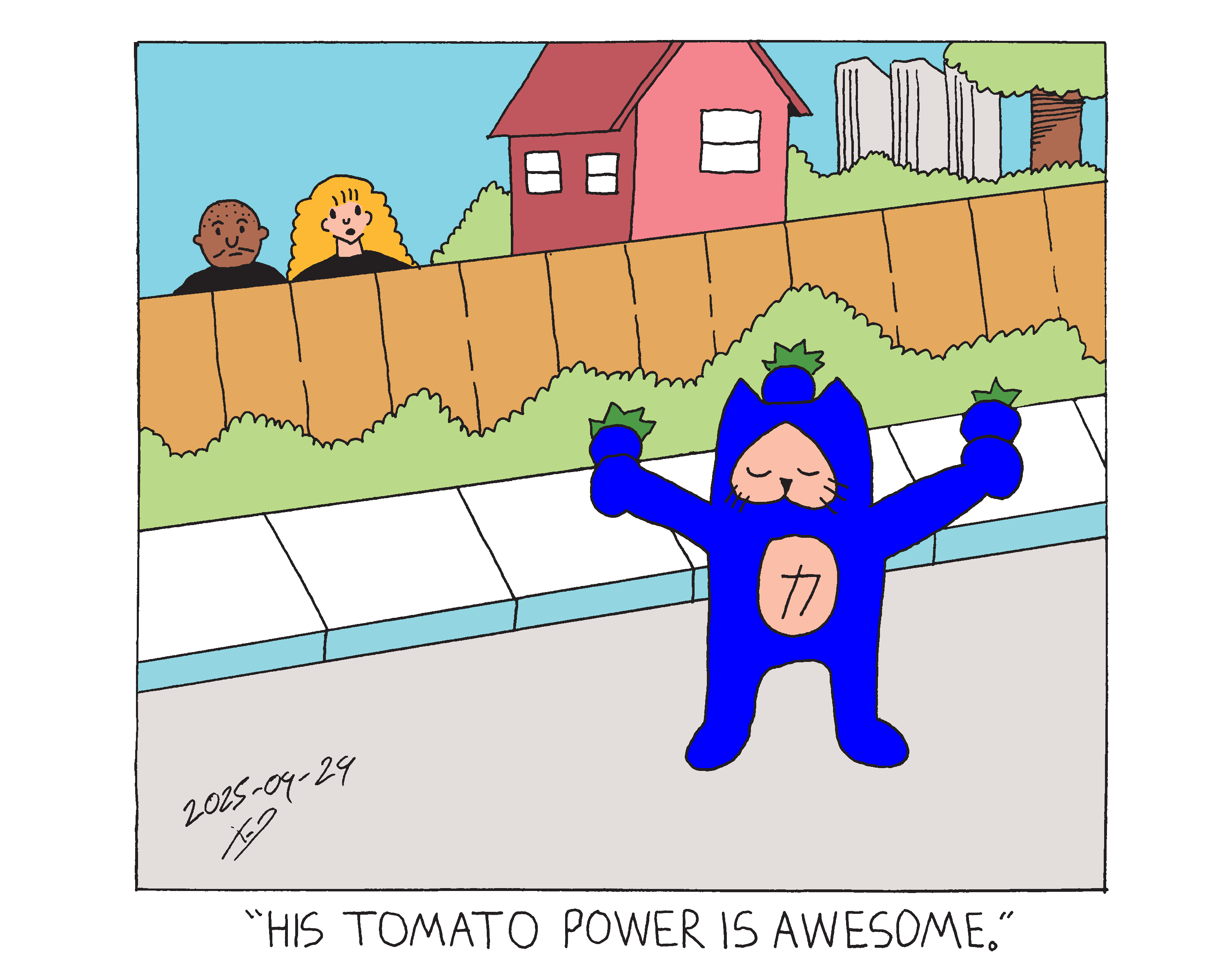 Power cat is standing in the street holding up three blueberries including one on his head. A man and a woman standing behind a fence looking at him. The woman says his blueberry power is awesome. 
