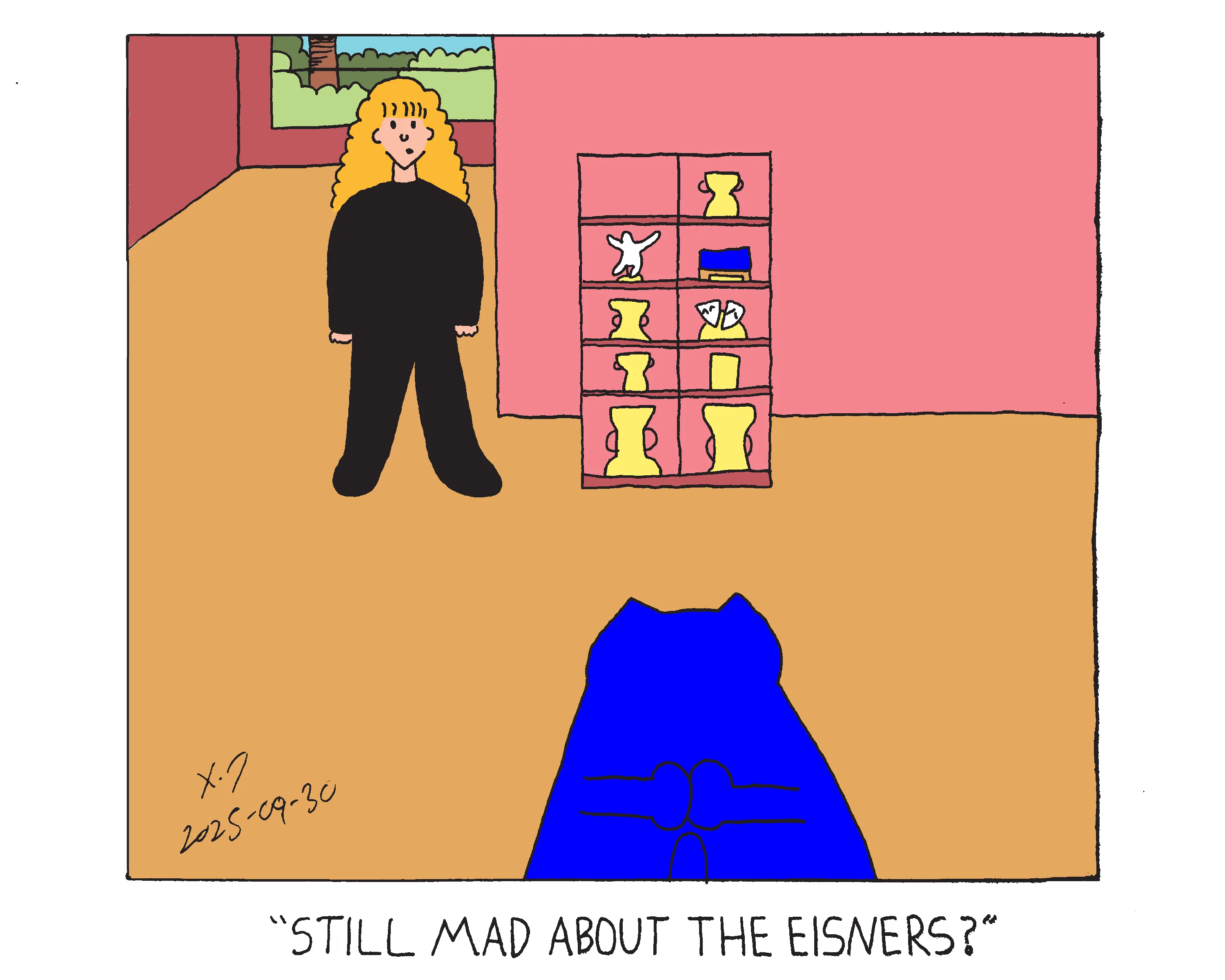 power cat standing with his back to the camera looking at a shelf where the spot in the top left corner is empty while the rest of the spots are filled with trophies. A woman asks him still mad about the eisners?  