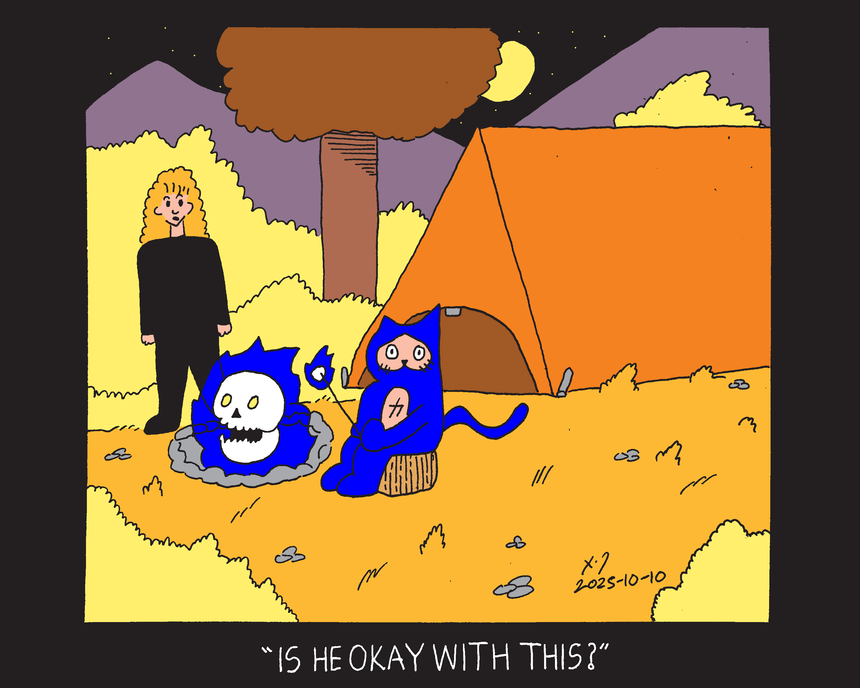 Evil Power Cat sitting outside a tent roasting a marshmallow over a flaming skull in the wilderness in front of the purple mountains. a woman is standing near the fire and says is he okay with this?