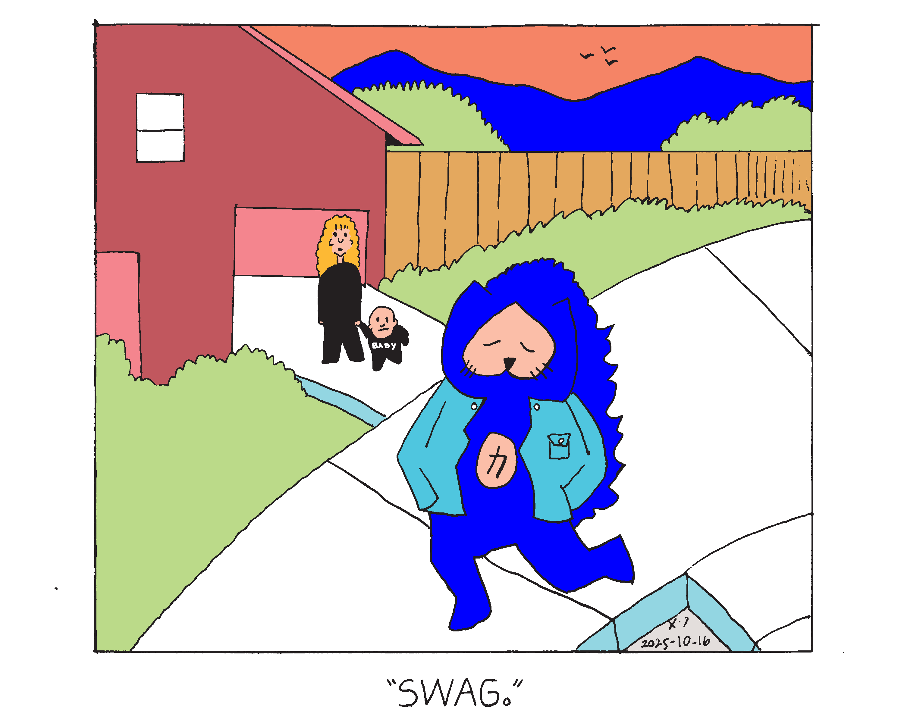 Evil Power Cat walking down the sidewalk in front of a house. He has long luscious hair again and is now wearing a blue leather jacket. A mom standing next to her baby says swag.  