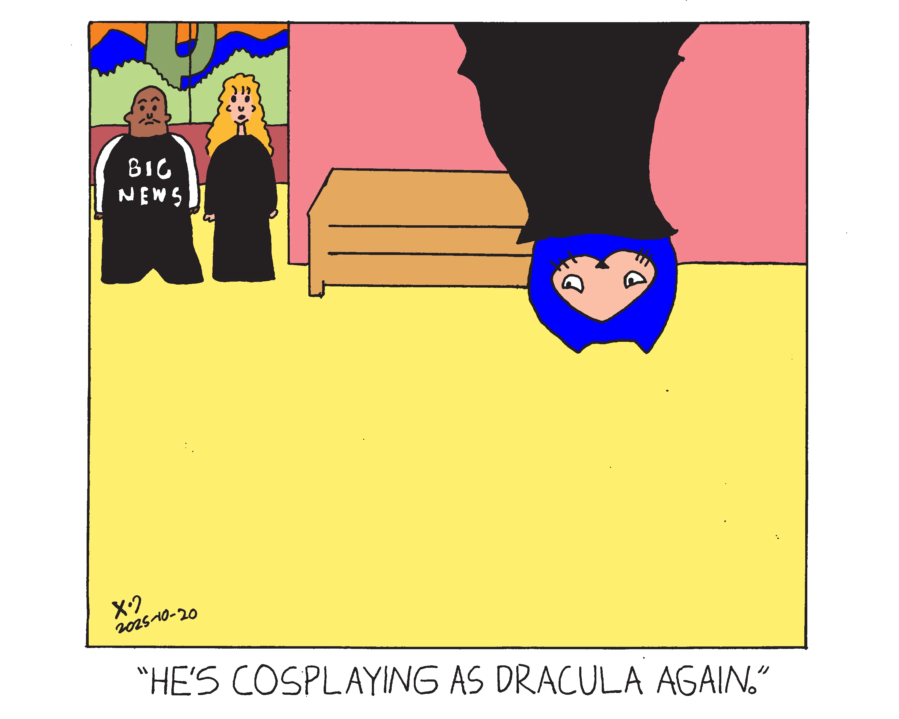 power cat hanging from the ceiling wearing a black robe. A man and woman stand in the archway and the woman says he's cosplaying as dracula again. 