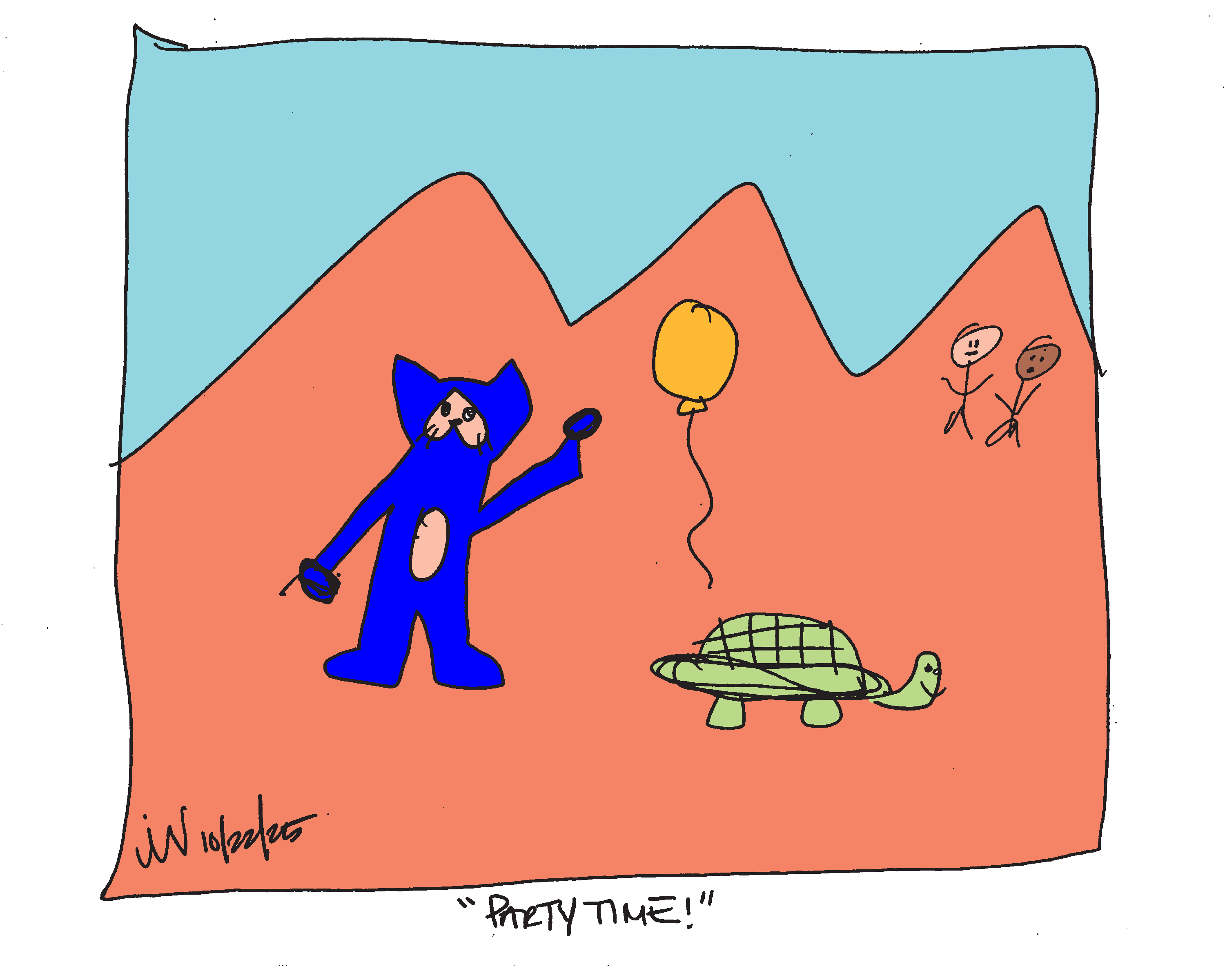 Evil Power Cat in the mountains with a tortoise and a balloon. Two people stand looking at the scene and one says party time! 