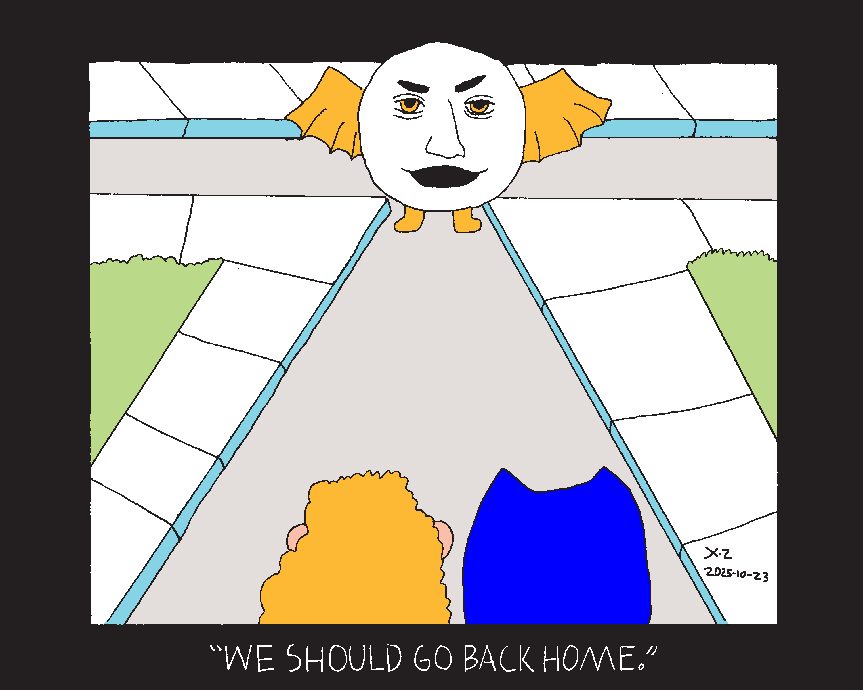 Evil Power Cat and a woman walking down the street with their backs to the camera towards an intersection. At the intersection stands a large circular creature with a human face, golden bat wings, and golden feet. The woman says we should go back home. 