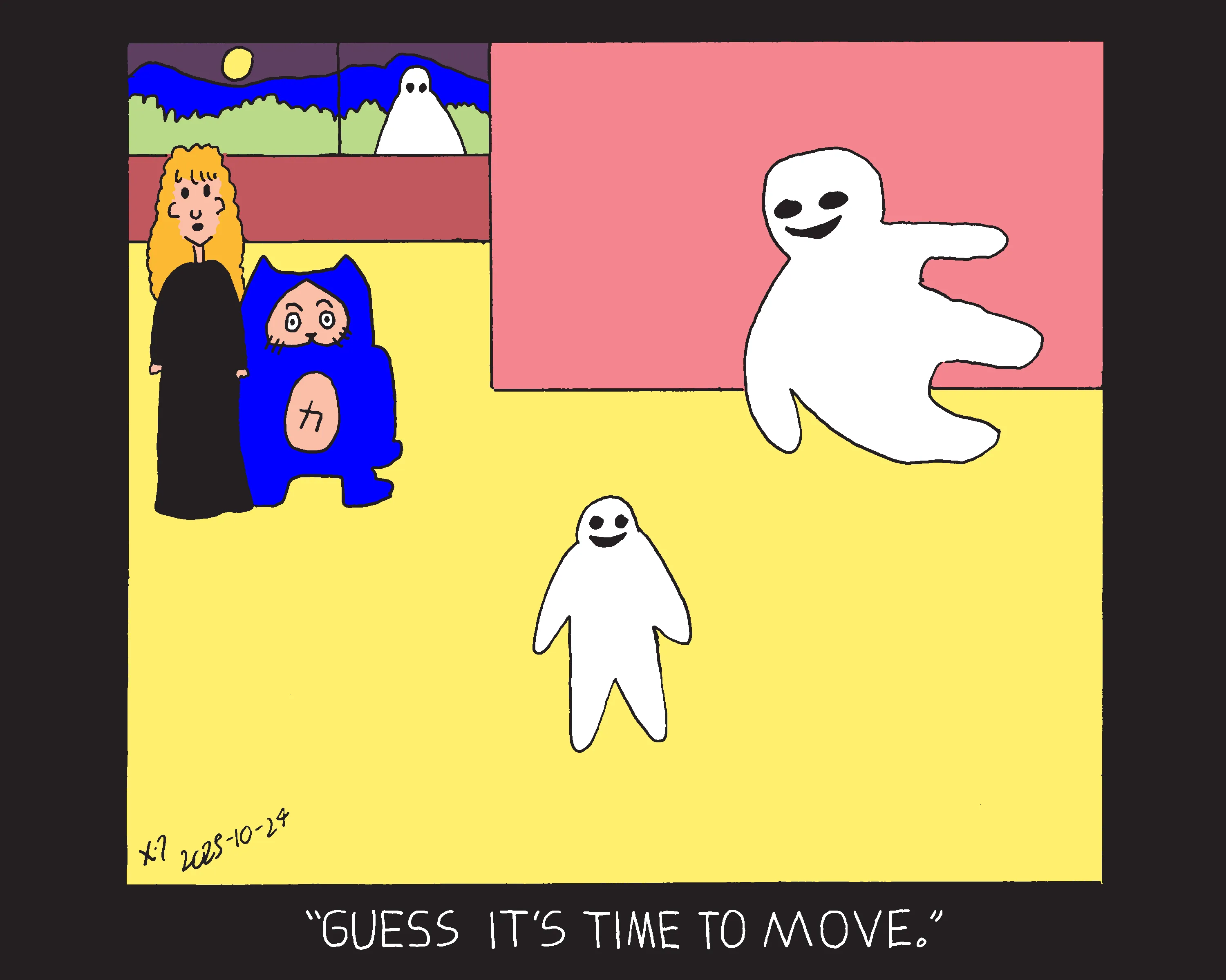 A woman and power cat standing in the room of the house in front of the arch way. They're looking at a ghost flying around and a ghost standing there. There's also a ghost standing in the night time desert peering in through the window at them. The woman says guess it's time to move. 