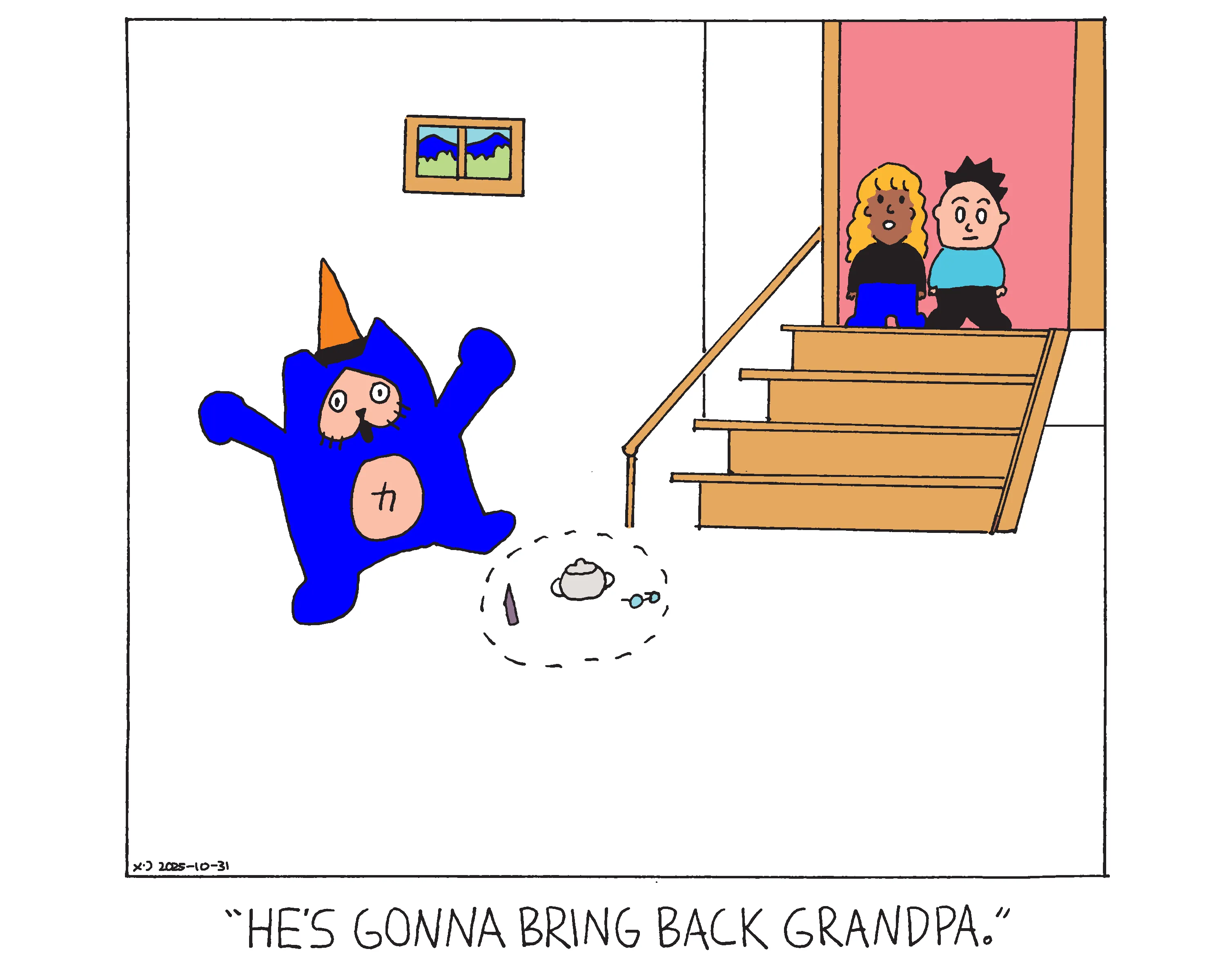 Evil Power Cat in the basement with his arms raised with a traffic cone on his head standing in front of a salt circle with a pair of glasses, a crystal, and an urn in it. Two children stand at the top of the steps looking at him and the girl says he's gonna bring back grandpa.  