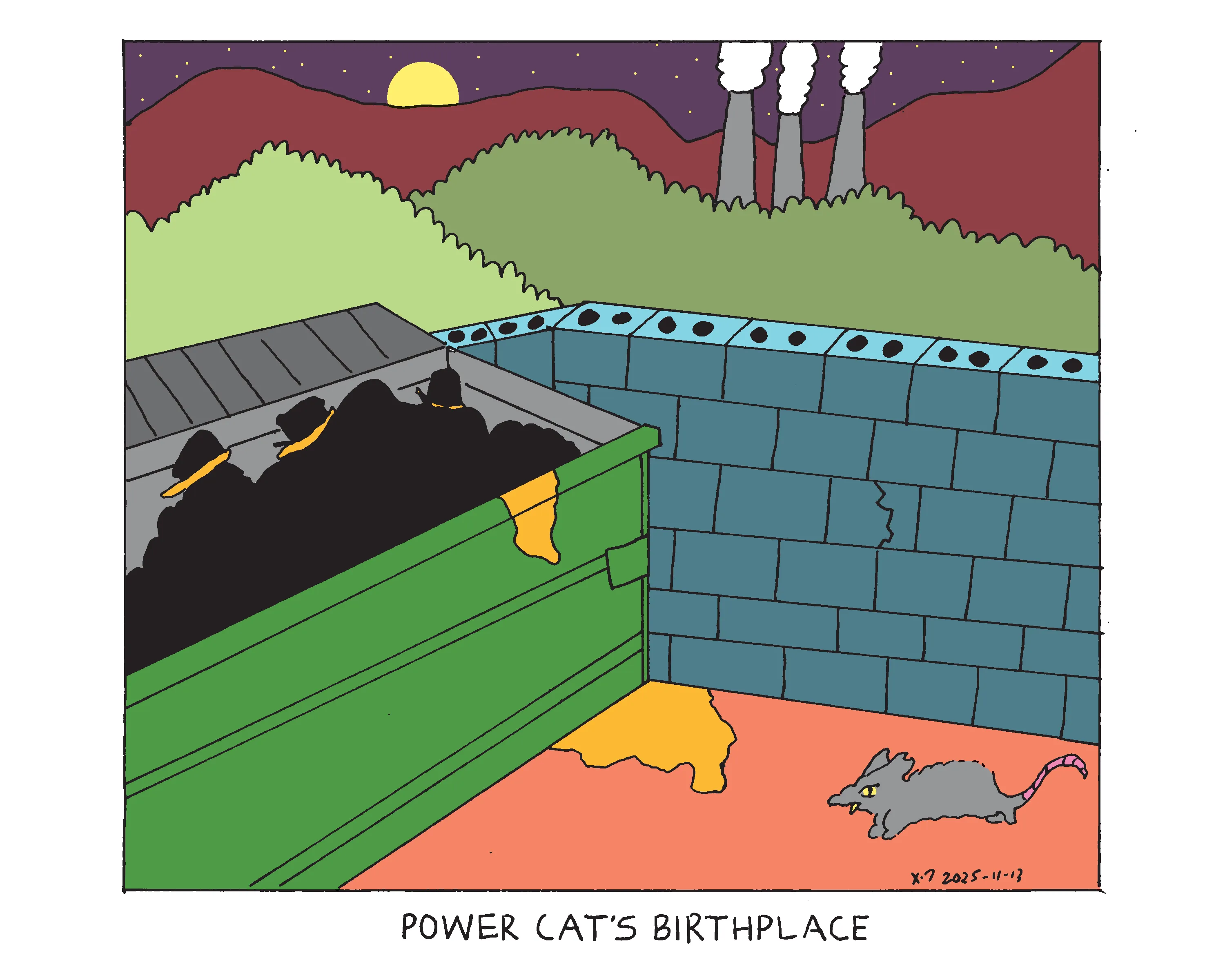 A grimey dumpster enclosed by cinder block walls. There's a mean looking rat on the ground and weird yellow spills. Behind the walls are some bushes and smoke stacks in front of the mountains and the night sky. The caption reads power cat's birthplace. 
