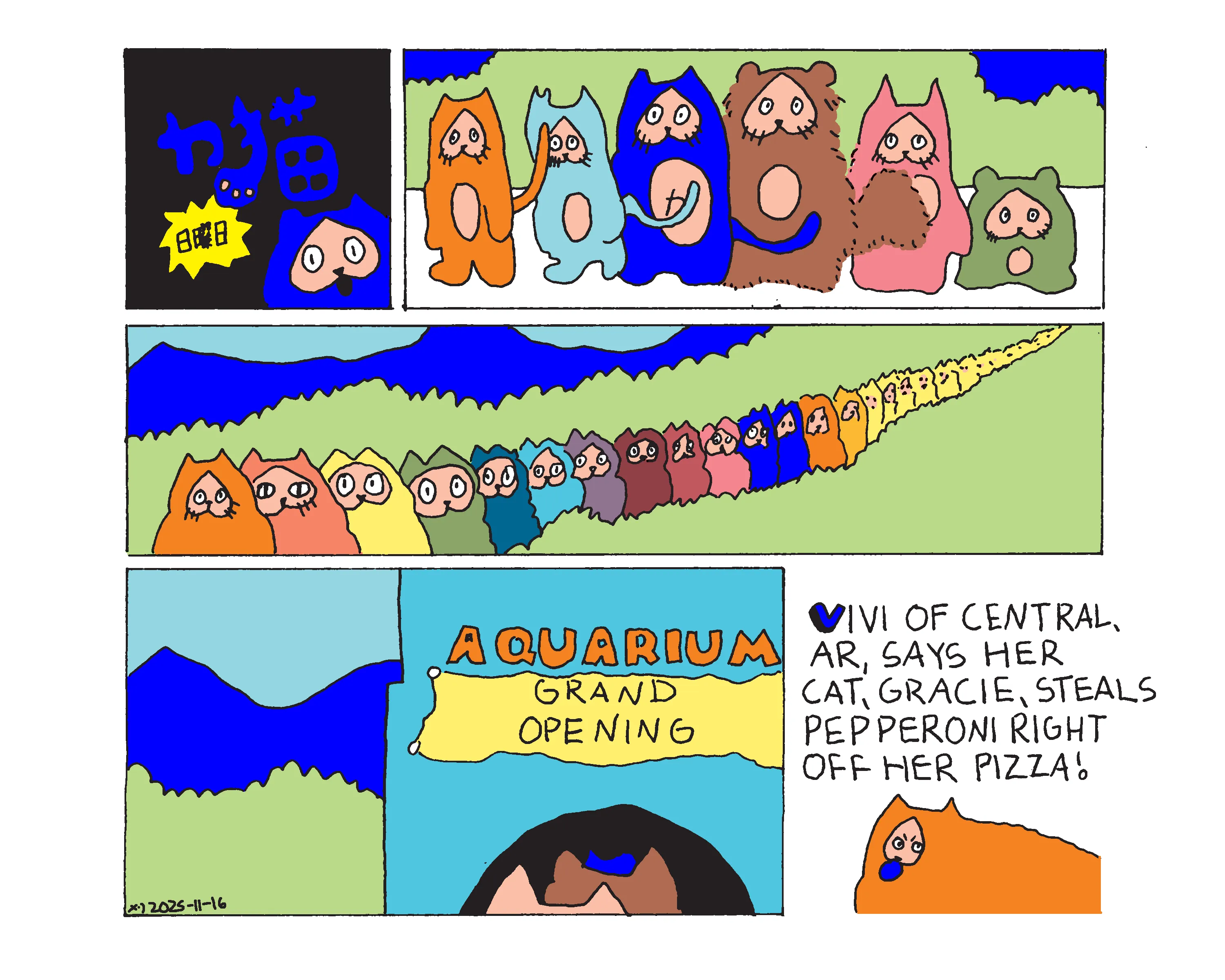 Power cat and a ton of other cats lined up on a sidewalk in the desert waiting for something. the camera zooms out to show a massive amount of cats before zooming back in to show they're in line for the grand opening of an aquarium. cat corner says Vivi of central Arkansas says her cat gracie steals pepperoni right off of her pizza! there's a small drawing of a cat with a slice of pepperoni in her mouth 