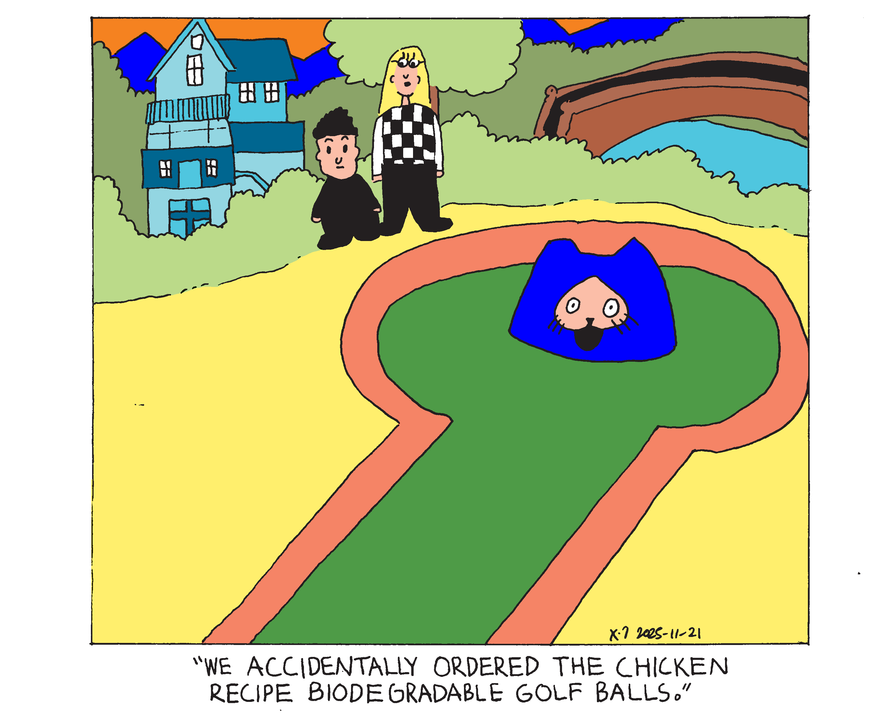 Evil Power Cat sticking his head out of a mini-golf hole while a worker and a kid stand nearby looking at him. They're in front of a miniature multi level house and a bridge over a creek that's surrounded by bushes and trees. The worker says We accidentally ordered the chicken recipe biodegradable golf balls.
