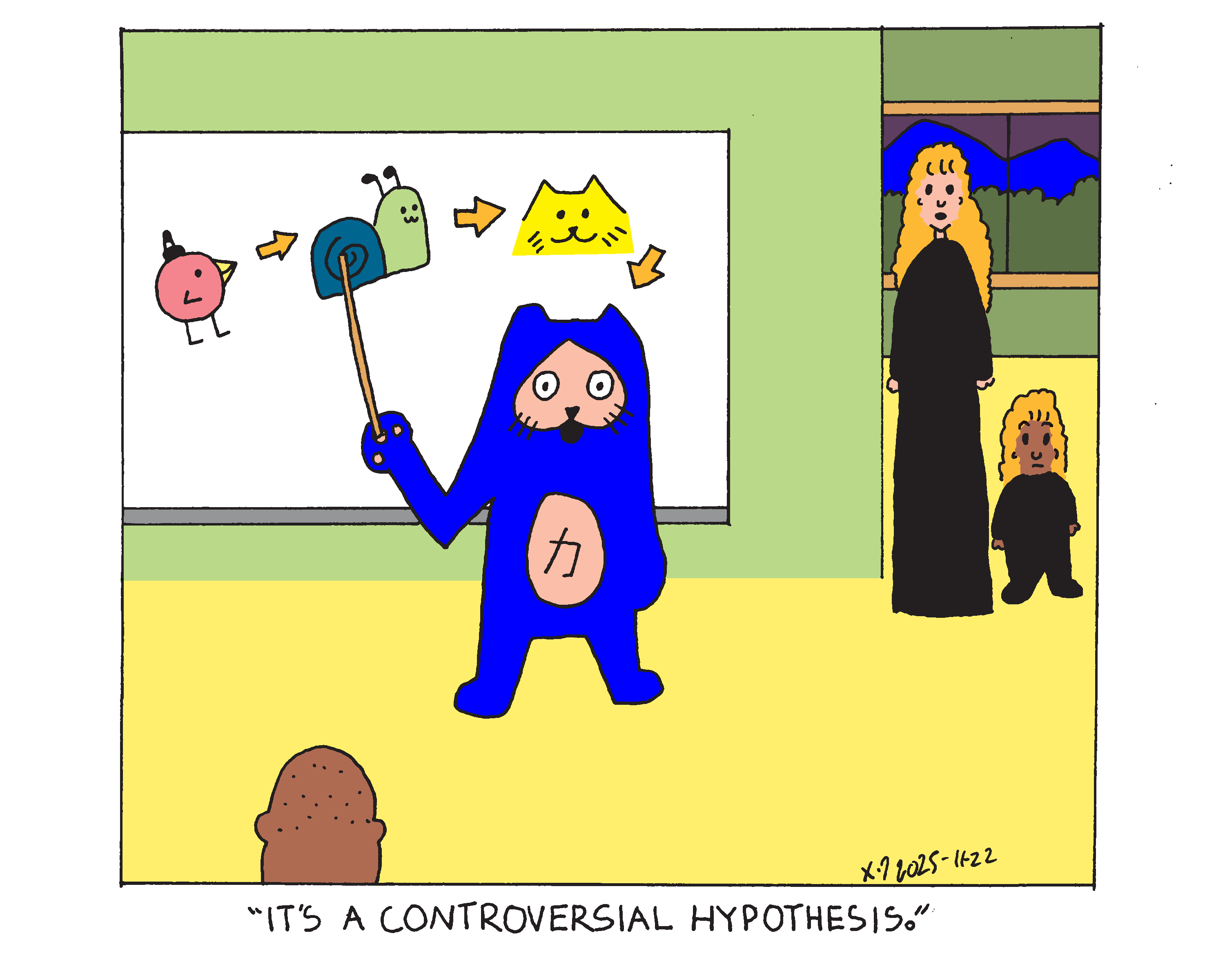 Evil Power Cat pointing at a whiteboard showing an evolutionary chain featuring a cartoon bird wearing a hat with an arrow pointing from the bird to a cartoon snail, the arrow after the snail points to a simple yellow cat with a final arrow pointing to power cat who has a more complex design with his upside down pale flesh colored heart shaped face and pale flesh colored oval stomach with the kanji for power. He's teaching this to his owner's husband. His owner and her daughter stand in the doorway and the owner says it's a very controversial hypothesis.