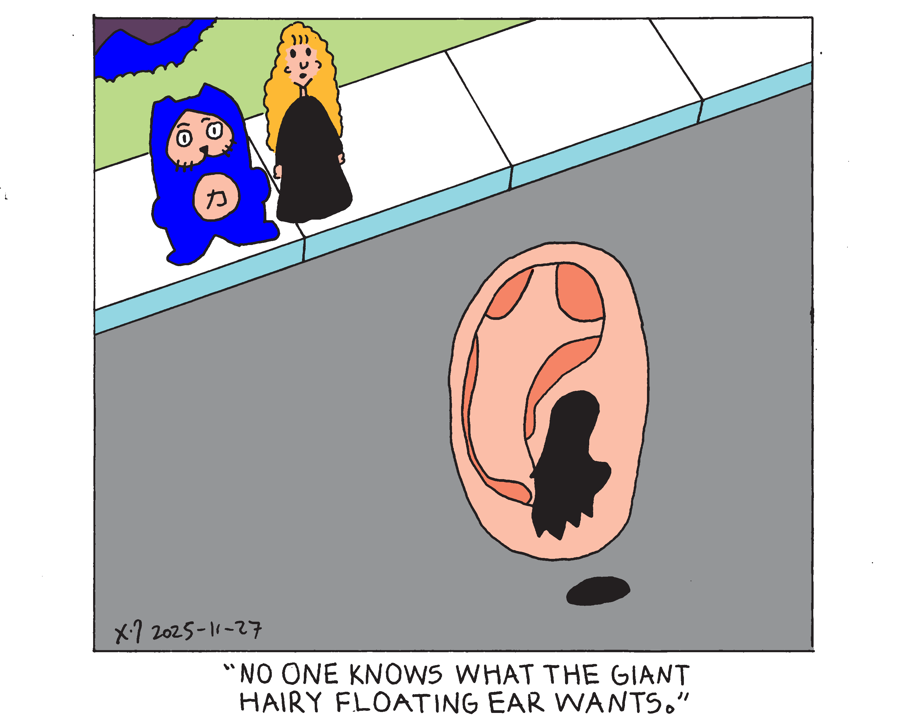A giant hairy ear floats down the street as Evil Power Cat and his owner look upon it. His owner says no one knows what the giant hair floating ear wants.