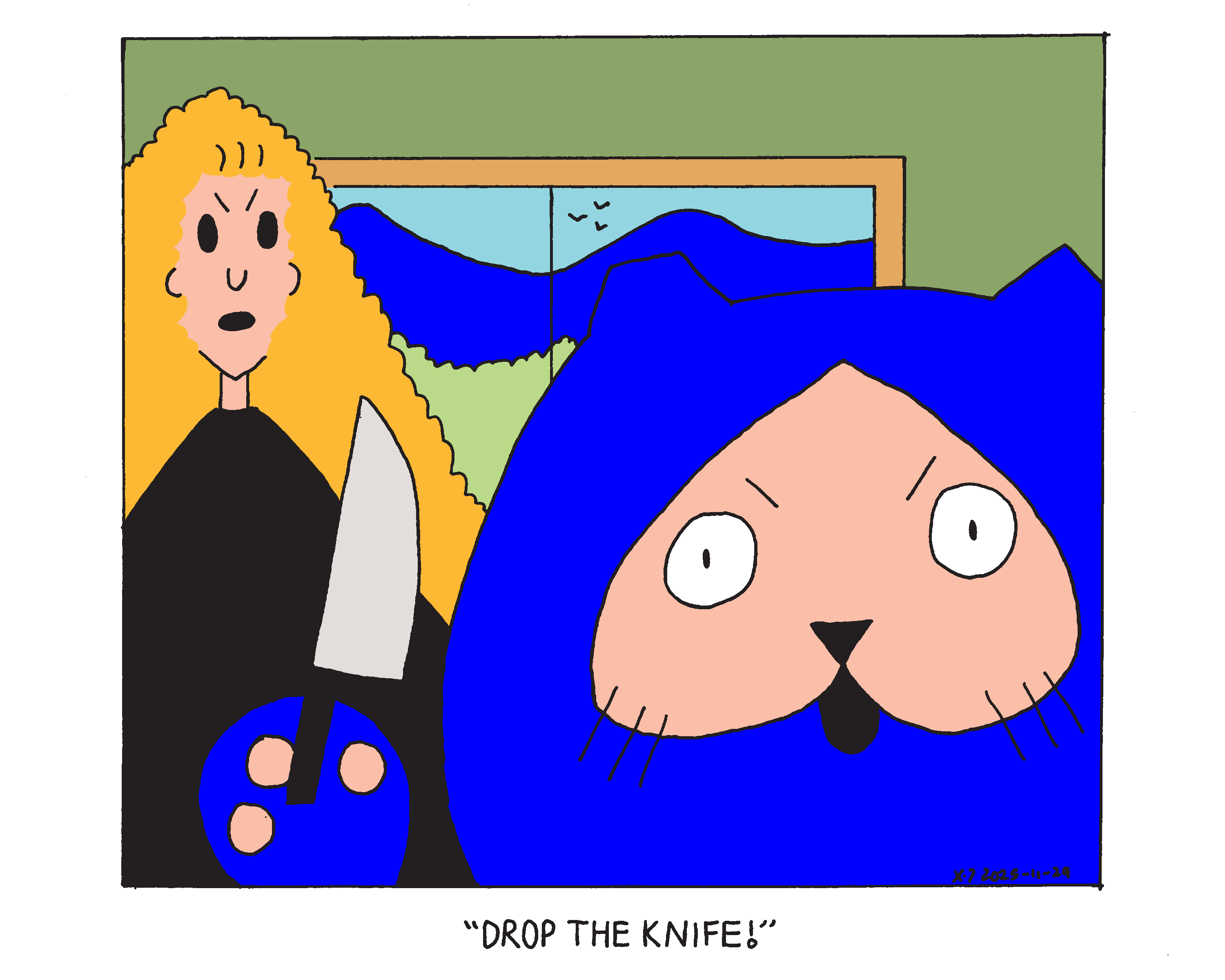 Evil Power Cat standing really close to the camera holding a knife. His owner stands behind him and says Drop the knife! 
