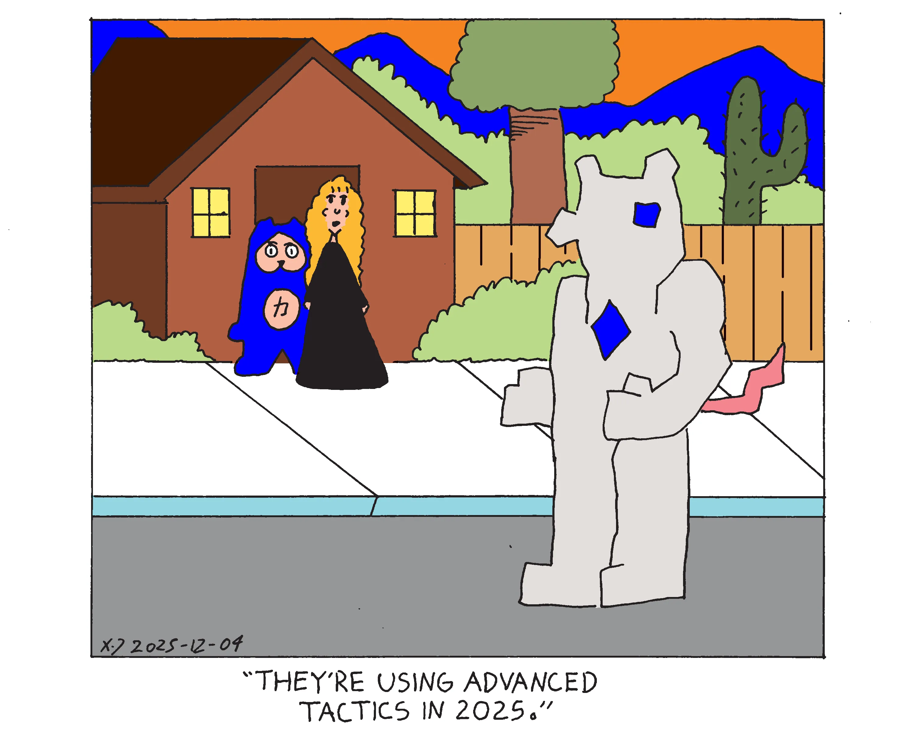 A mech mouse is walking down the street while power cat and his owner look at him from their porch. The owner says they're using advanced tactics in 2025. The house is very simple and surrounded by desert bushes, trees, and cacti with the mountains in the background underneath an orange sky. 
