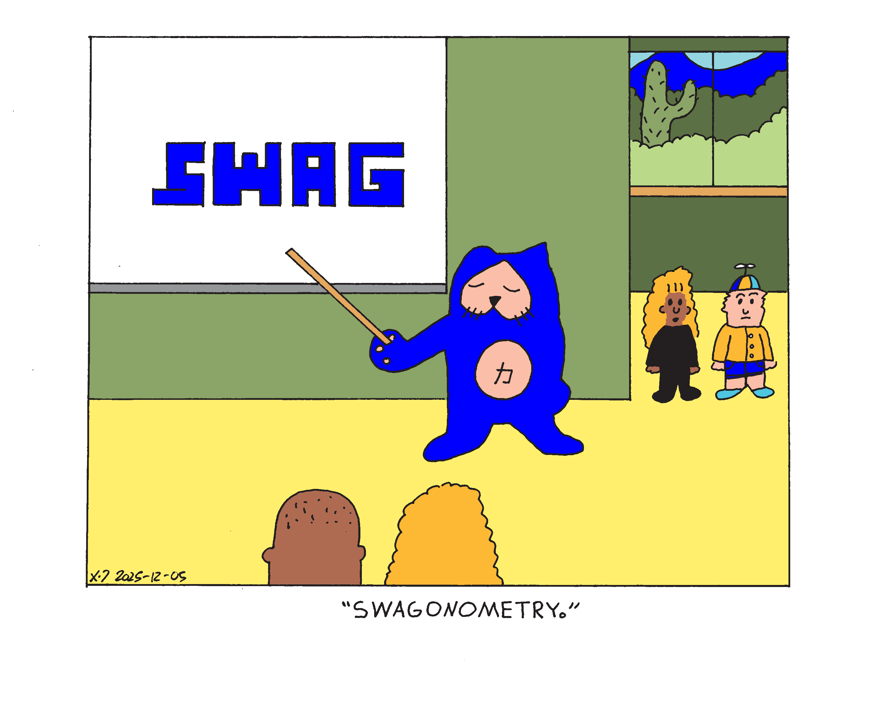Evil Power Cat giving a lecture to his owner and her husband while pointing at the word swag written huge on a whiteboard. The owner's daughter and her friend stand in the hallway and the daughter says swagonometry.