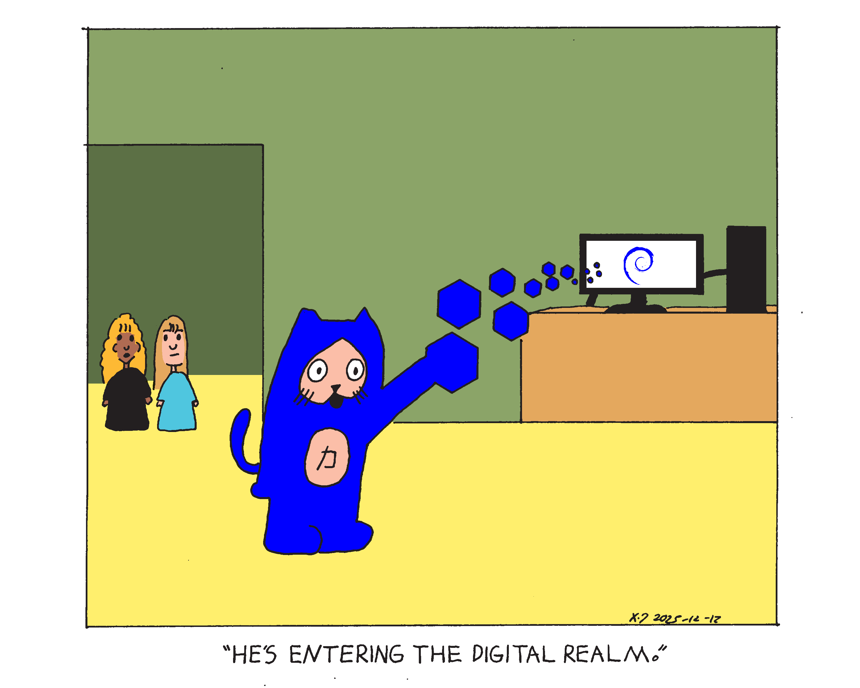 Evil Power Cat is dissipating into hexagons that are going into a computer monitor with the debian logo on the screen. Rebecca's daughter Ashley and her friend are standing in the hallway looking at him and Ashley says he's going to the digital realm
