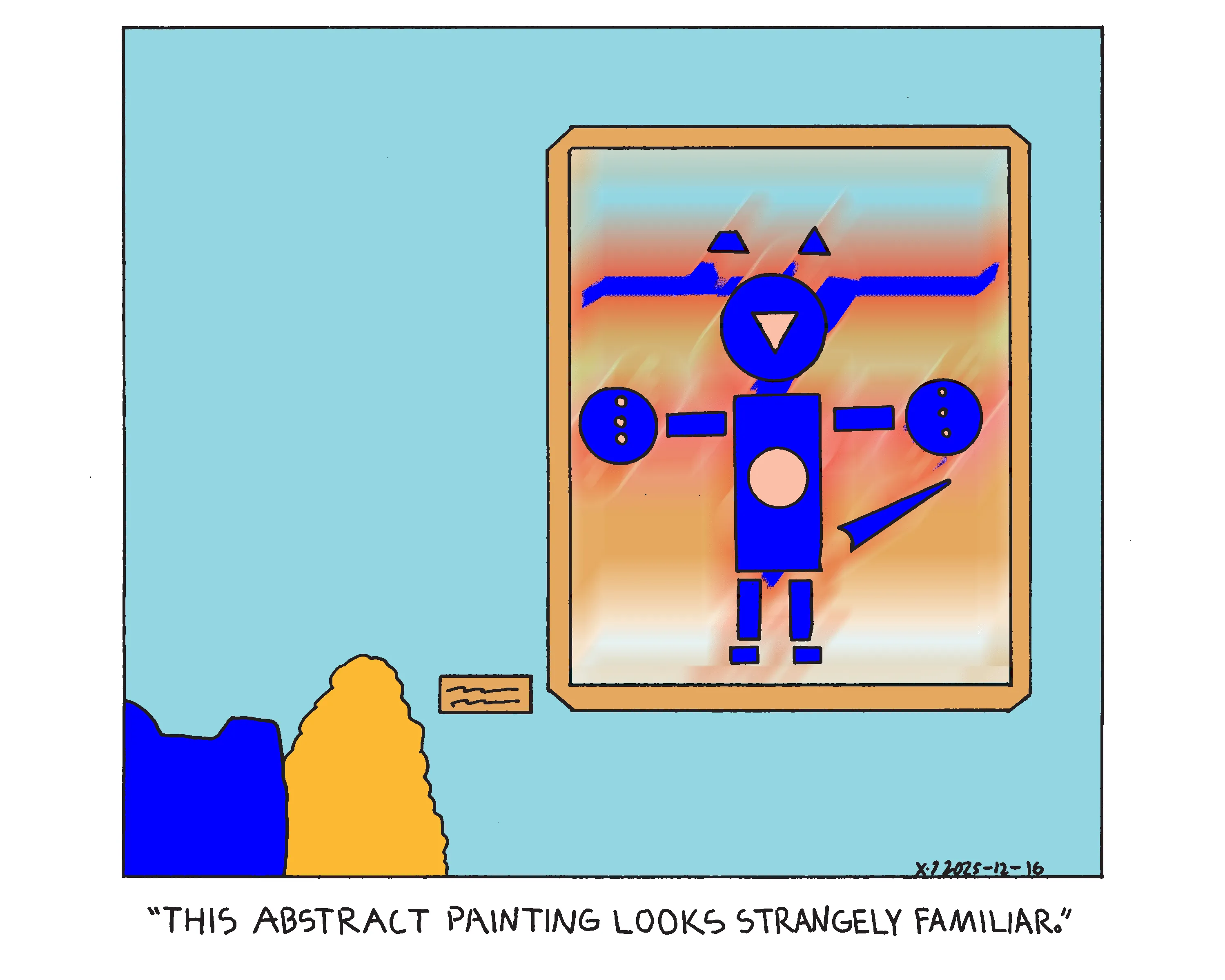 Evil Power Cat and Rebecca are at the museum looking at an abstract painting of red and pink circles, triangles, and squares that looks suspiciously like power cat on a blurry colorful background. Rebecca says this abstract painting looks strangely familiar. 