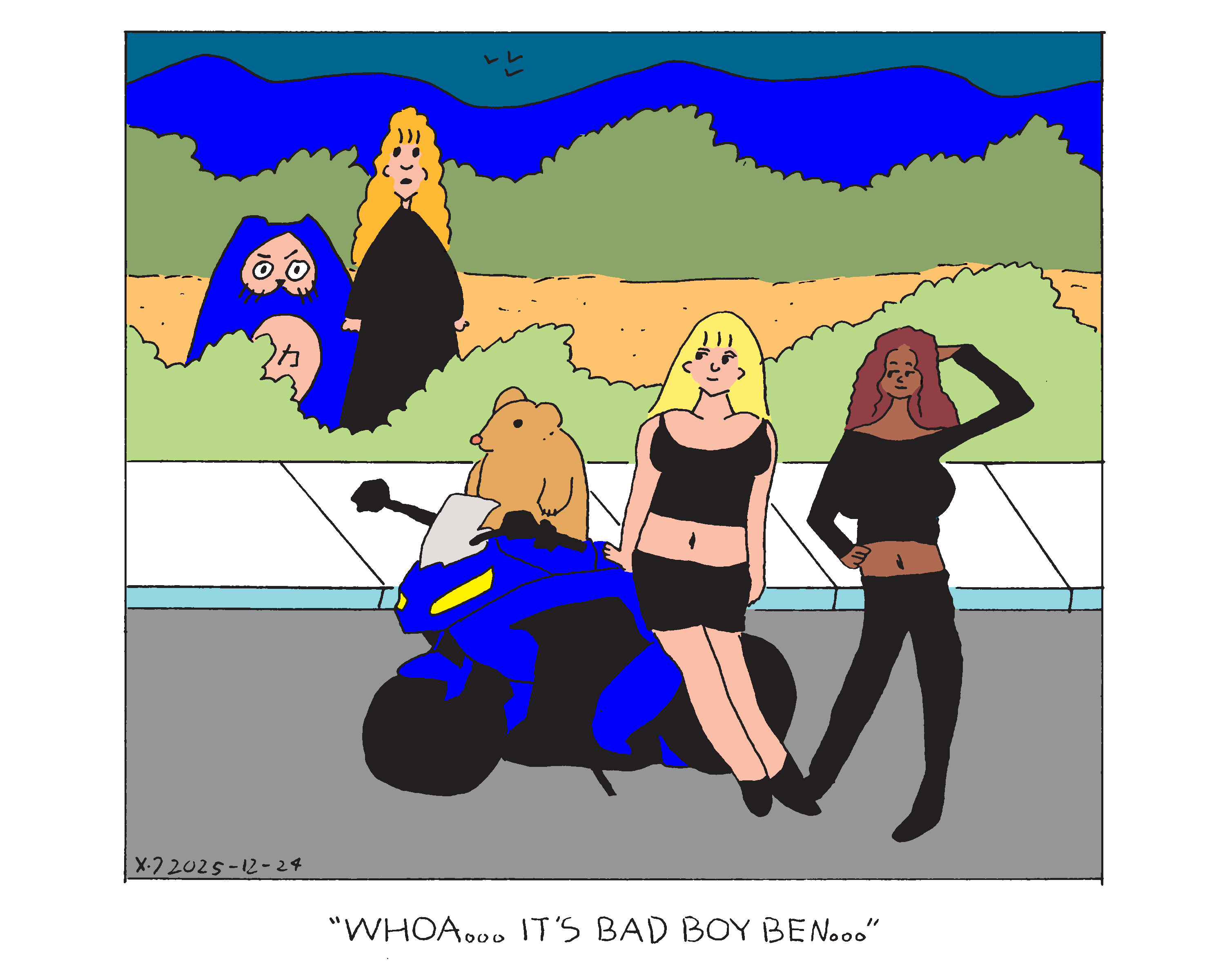 A pretty normal looking, but large hampster sits on a red crotch rocket style motorcycle in the street. Two sexy ladies are posing near him and the motorcycle with one of them sitting on the back portion of it. Evil Power Cat and Rebecca are standing in a desert lot near the sidewalk. Rebecca says whoa... it's Bad Boy Ben... and Evil Power Cat is looking at Bad Boy Ben with suspicion. 