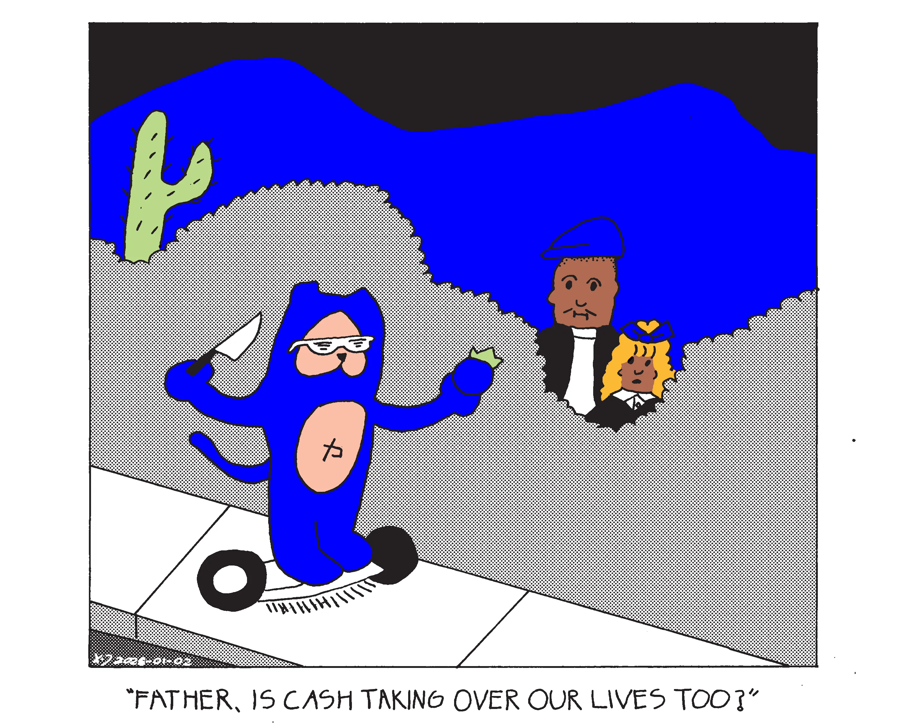 Evil Power Cat is riding down the sidewalk on a hoverboard while holding a knife and a blueberry. He is also wearing shutter shades. Ben and Rachel stand behind the bushes dressed as Sluggo and Nancy, and Rachel says Father, is Cash taking over our lives too? 