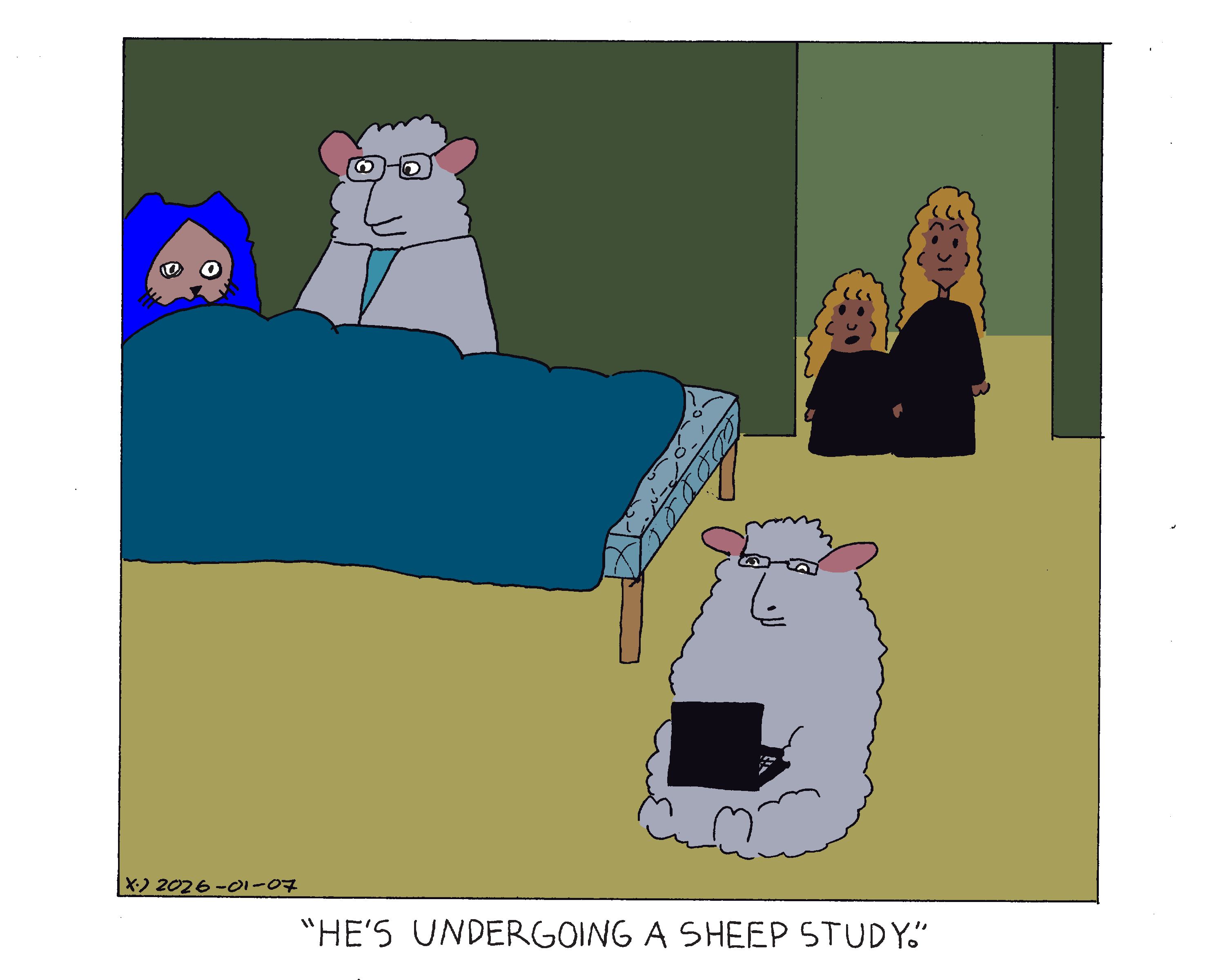 Evil Power Cat is in bed looking sleepless and a sheep in a lab coat is standing next to the bed looking at him. There's another sheep on the floor on a laptop. Rachel and her older sister Dina are standing in the doorway looking at them. Rachel says he's undergoing a sheep study.  