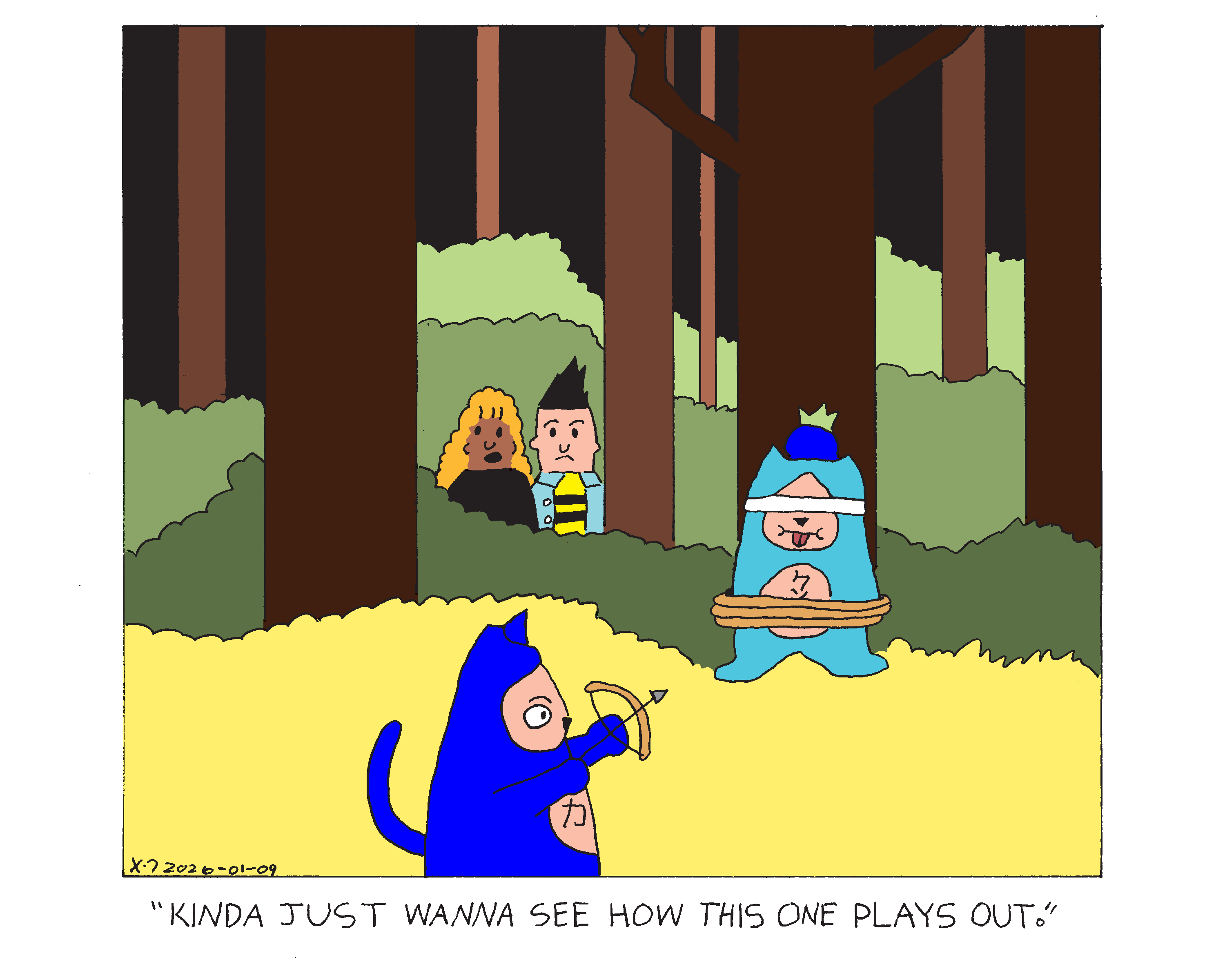 Damn Cat is blindfolded and tied to a tree in the forest with a blueberry on his head. Evil Power Cat is pointing a bow and arrow at him. Rachel and her friend are standing between some trees nearby and Rachel says kinda just wanna see how this one plays out. 