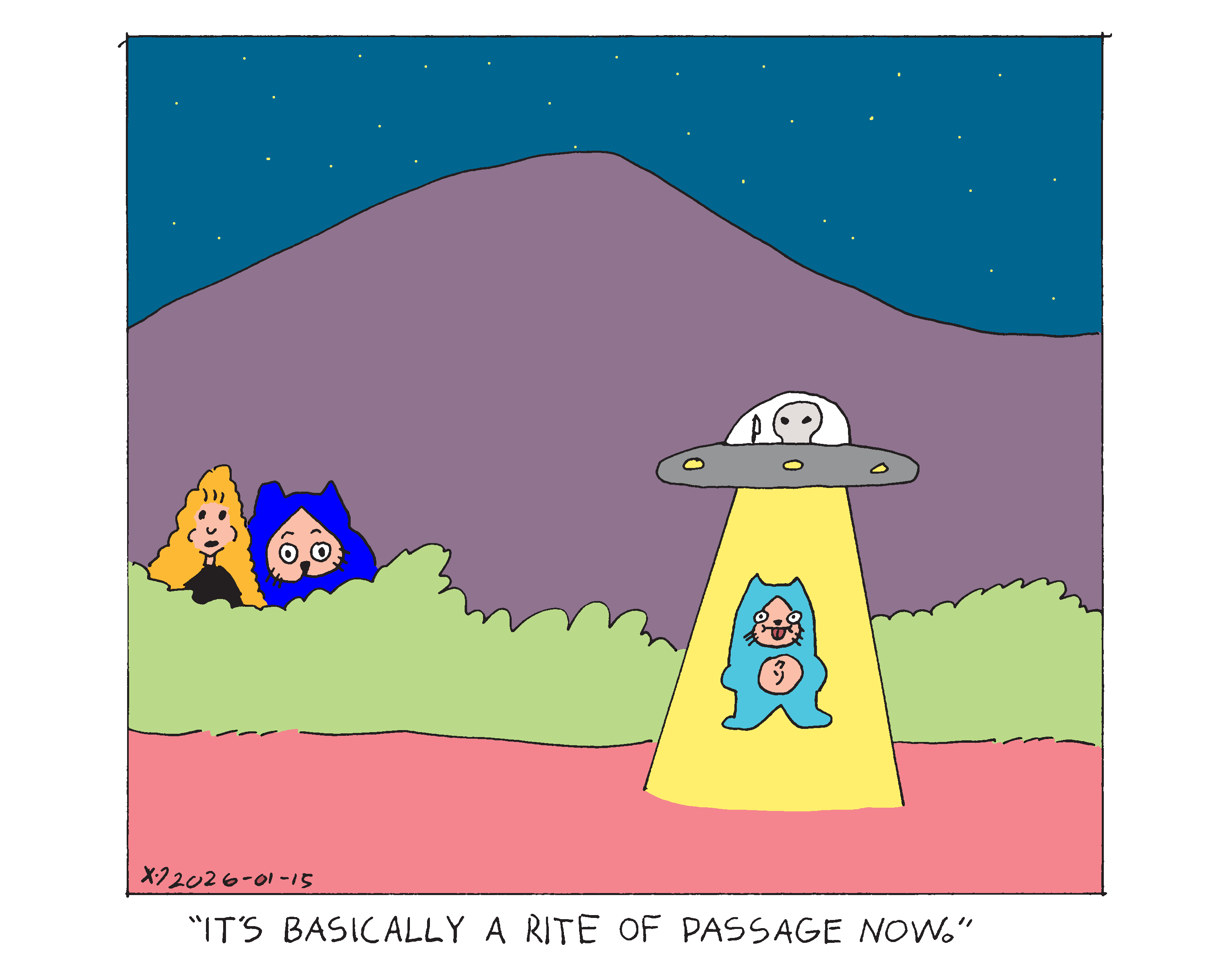 Damn Cat is being beamed up by the knife alien in the desert. Rebecca and Evil Power Cat are looking at the scene from the bushes and Rebecca says it's basically a rite of passage now.  