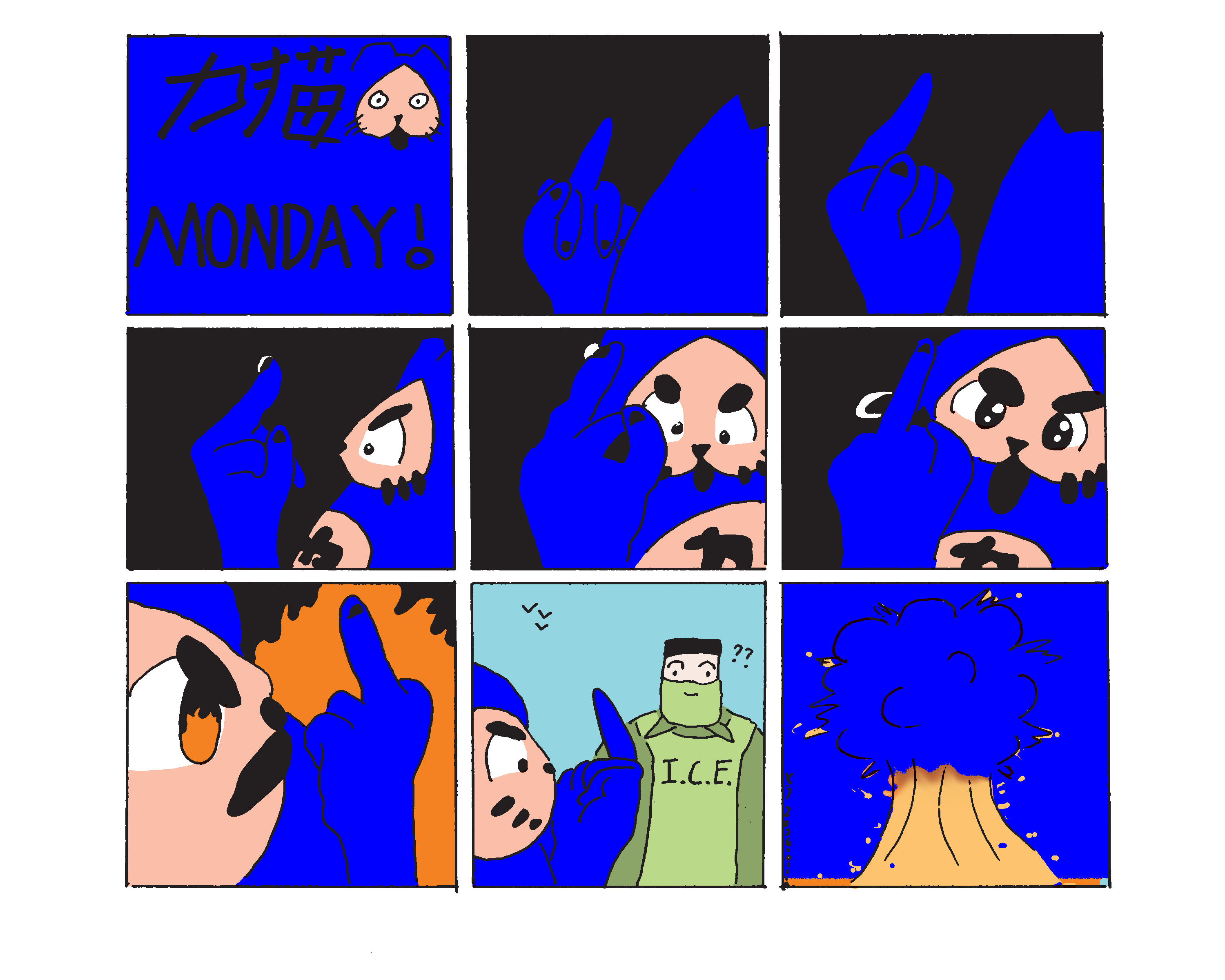 Evil Power Cat Monday 
From behind him we can see power cat is holding up a big middle finger. The camera slowly rotates around him to reveal his face as he gets more and more excited and his eyes begin burning with righteous fury. The camera stops to show power cat is calmly flipping off an ICE agent. The last panel shows a gigantic explosion presumably because Evil Power Cat just exploded an ICE agent. 