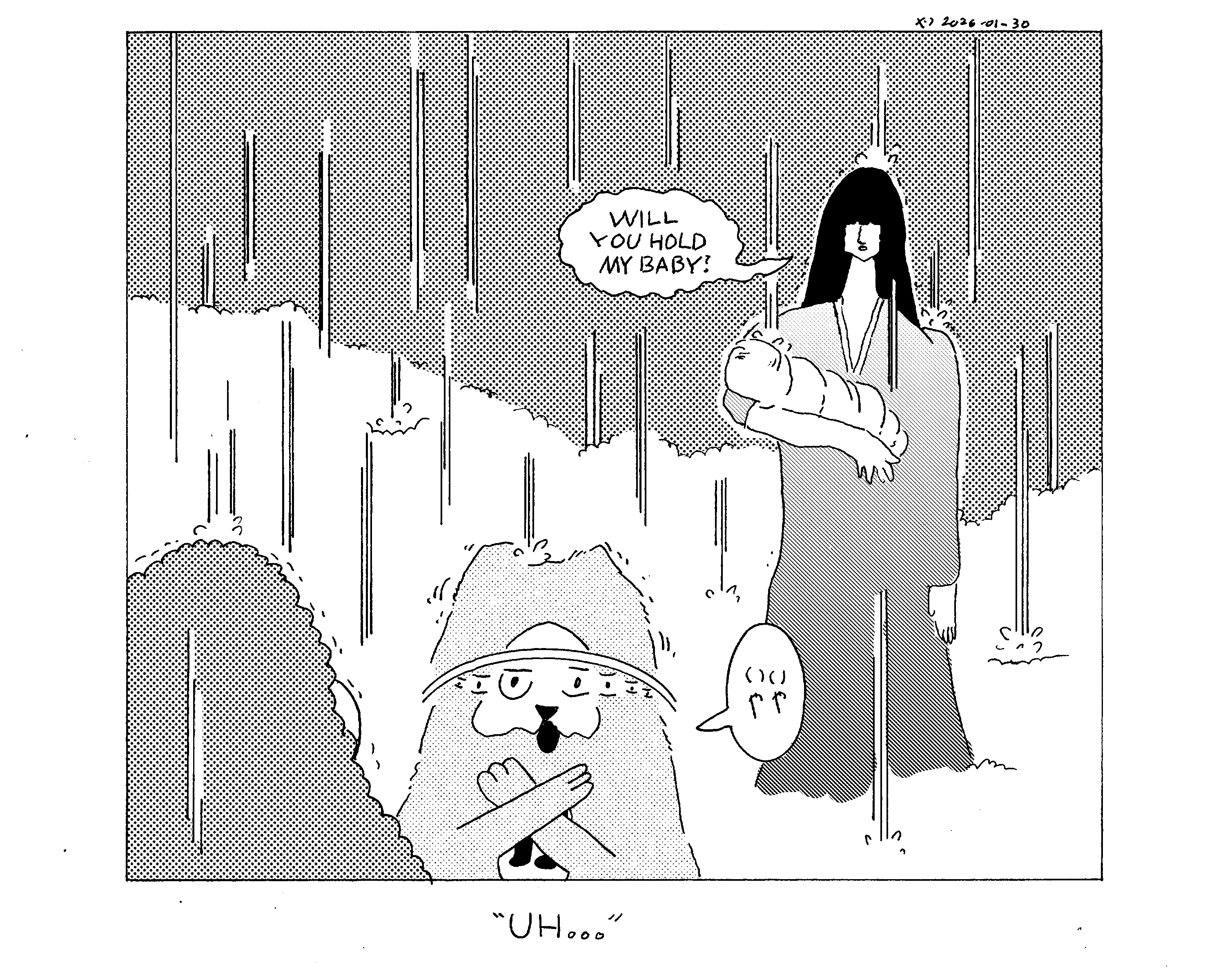 Rebecca and Evil Power Cat are outside in the rain and a woman with long dark hair covering her eyes and holding a baby approaches them. She says will you hold my baby? Evil Power Cat stands between Rebecca and the woman while shaking his head and yelling no! no! in Japanese. Rebecca says uh... 