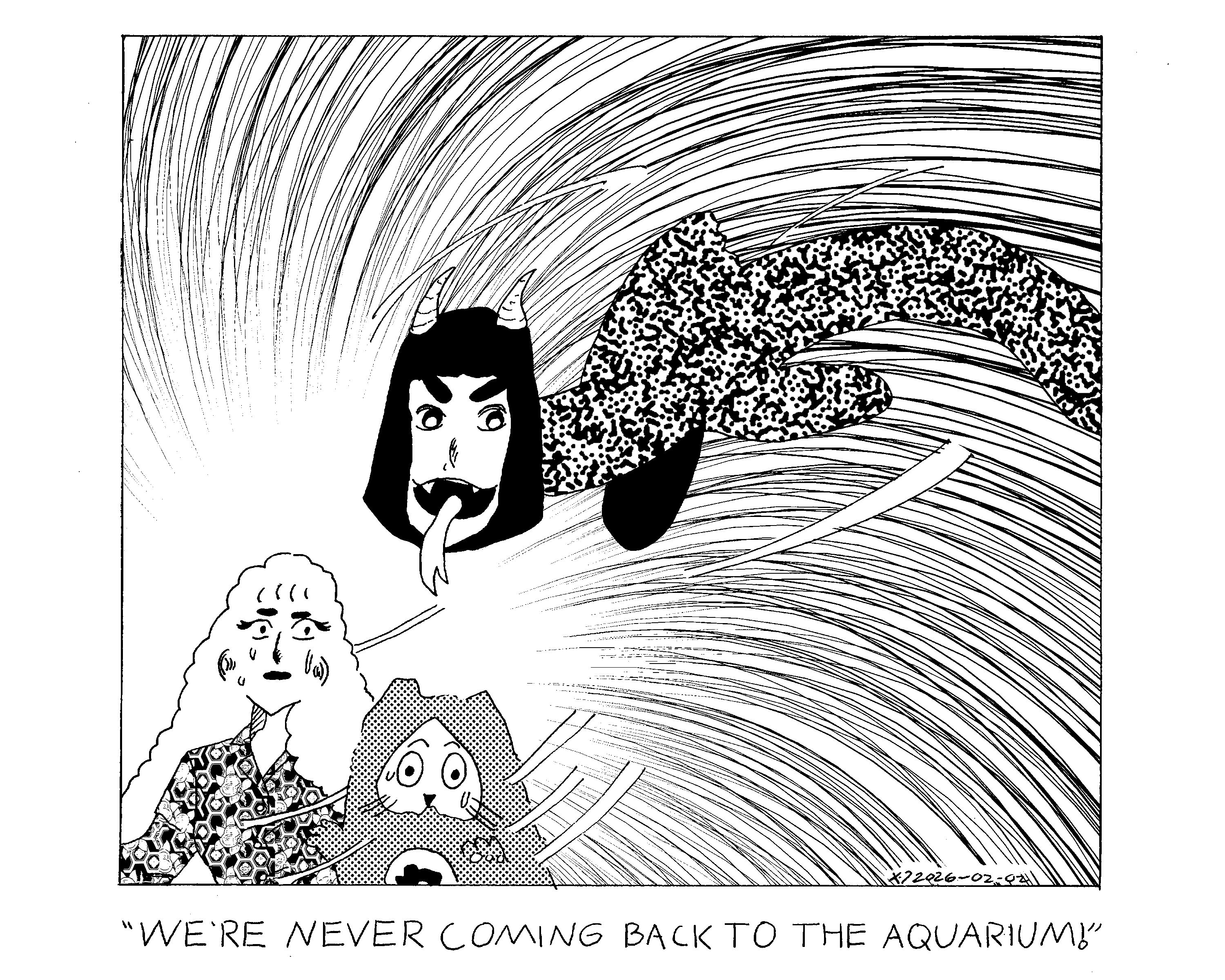 Evil Power Cat and Rebecca are being chased by a large serpent like creature with horns and the face of a woman. Rebecca shouts 'we're never coming back to the aquarium!'