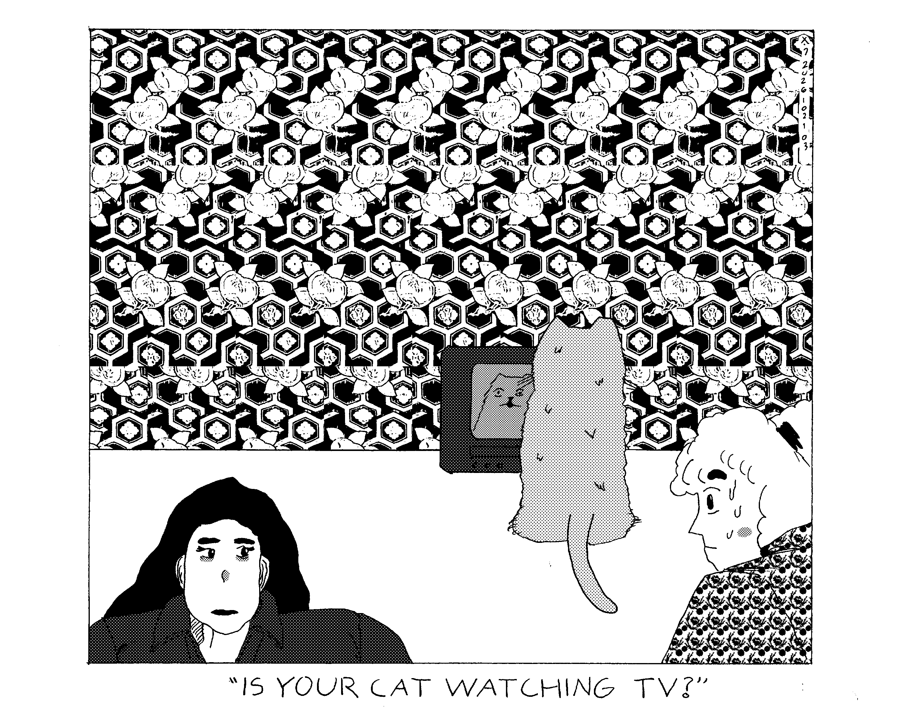 Rebecca has a friend over and Evil Power Cat is in the background watching a show about cats on a small TV. Rebecca's friend says is your catch watching TV? Rebecca sweats nervously