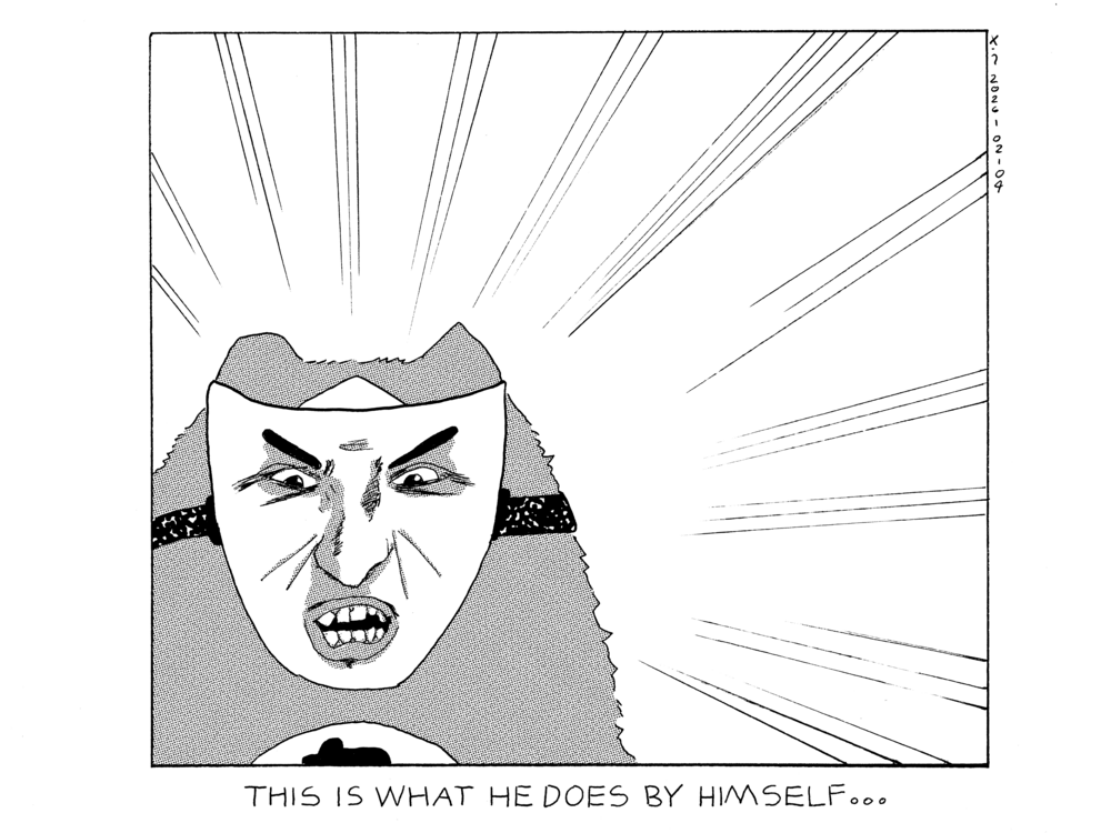 Evil Power Cat is wearing a mask with a scary looking angry face on it and there's dramatic focus lines surrounding him. it's captioned this is what he does by himself 