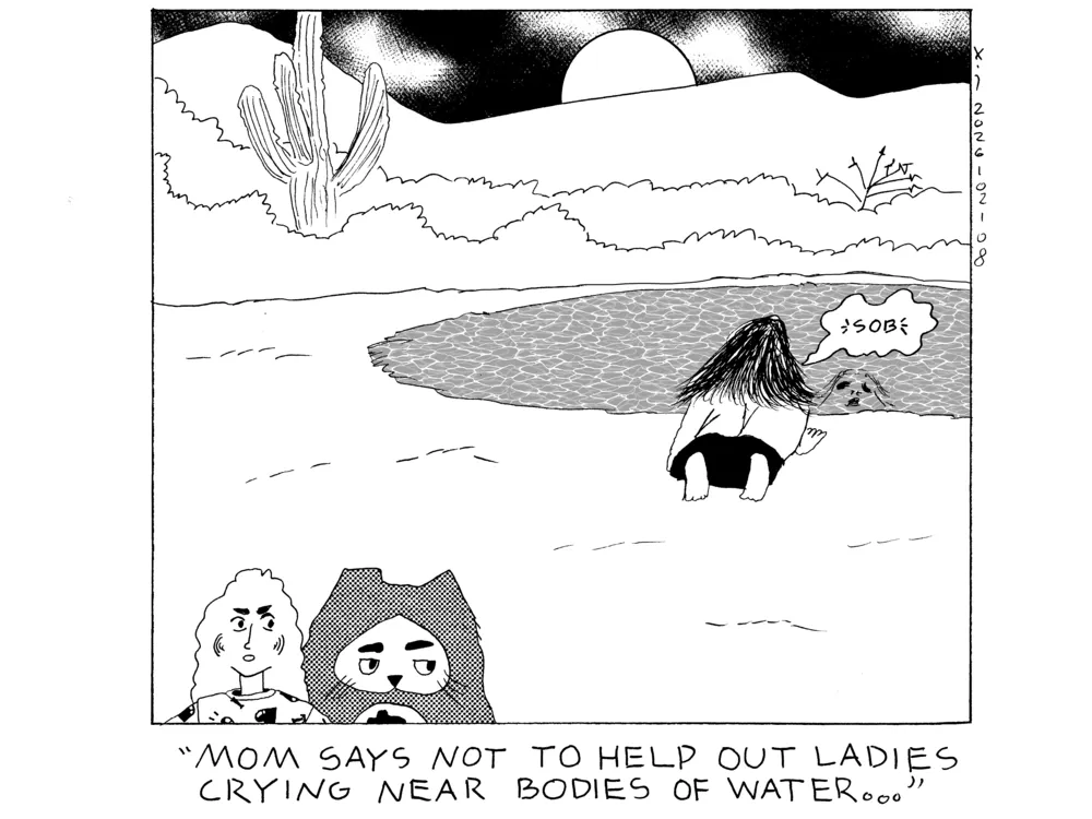 Rachel and Evil Power Cat are walking in the park near a pond at night and there's a woman sobbing near the pond. In the reflection in the water you can see she has a ghastly and somewhat skeletal face. Rachel says to Evil Power Cat that mom says not to help out ladies crying near bodies of water. 