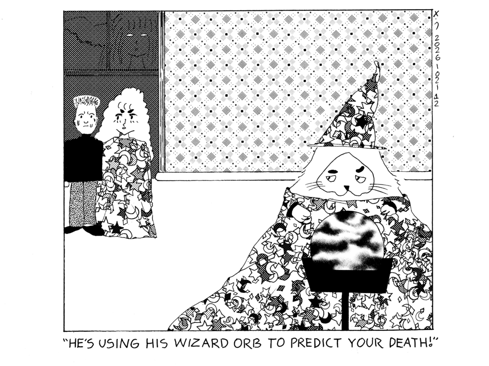 Evil Power Cat has his hands over a wizard orb on a pedestal and is looking back at rachel and her friend who are in the doorway. Evil Power Cat is wearing a wizard robe and hat and rachel is also wearing a wizard robe. Rachel looks at her friend who is visibly sweating and says he's using his wizard orb to predict your death! a large ghostly head of a woman is peering in through the window 