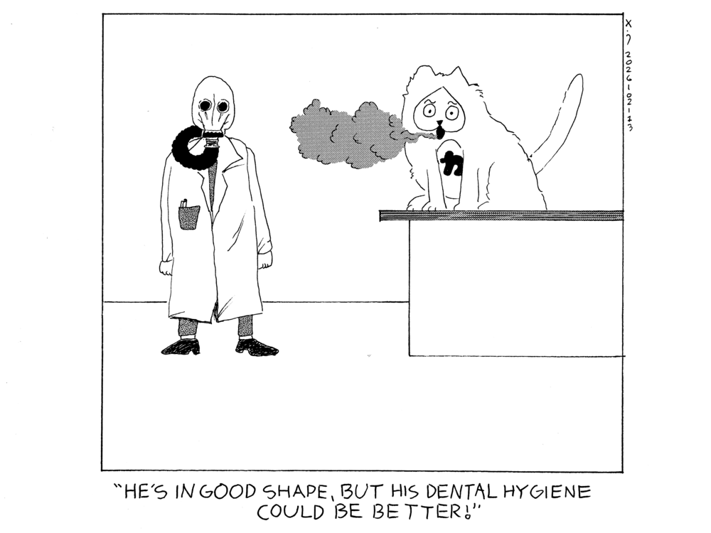 Evil Power Cat is at the vet sitting on the examination counter breathing out a stinky breath cloud. The vet is standing near the counter wearing a soviet era gas mask and says he's in good shape, but his dental hygiene could be better! 