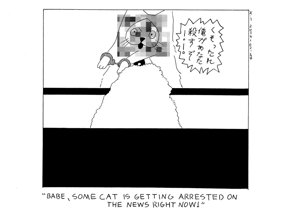Evil Power Cat is being arrested on television and is shouting Bastards! I'll kill you! in Japanese. His face is lightly covered by a mosaic halftone pattern to shield his identity. Rebecca is sitting in front of the TV on the couch and says babe, some cat is getting arrested on the news right now! 