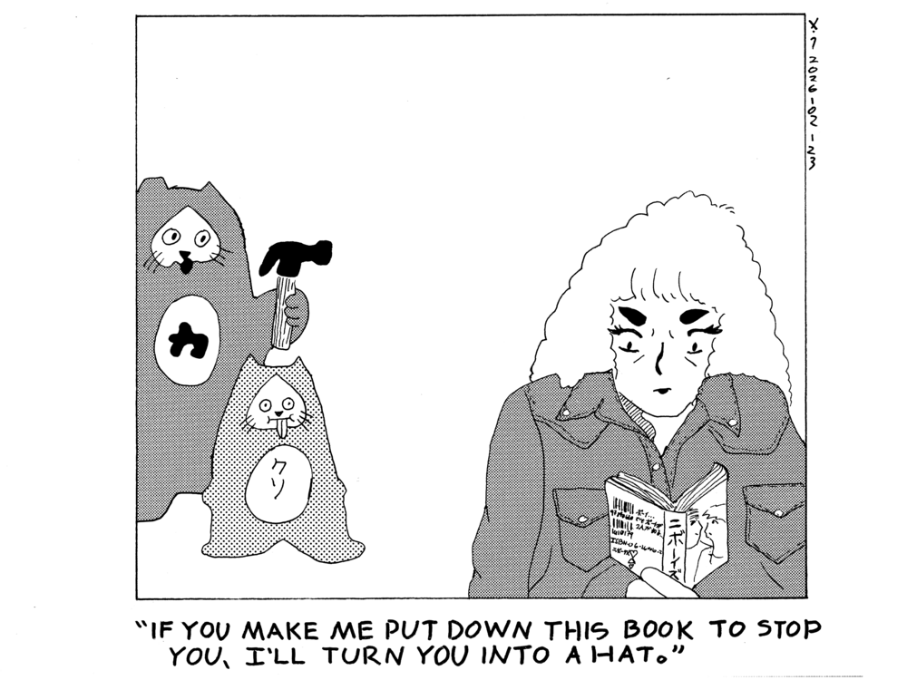 Rebecca is sitting down reading a boy's love manga. Evil Power Cat is in the background holding a hammer over the head of Damn Cat. Rebecca looks agitated and says if you make me put down this book to stop you, I'll turn you into a hat.  