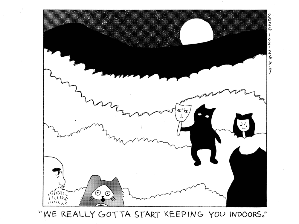 There's a bunch of little imp guys holding up masks on sticks in front of their faces and stuff in the desert at night. Ben is looking at them while talking to power cat and he says we really gotta start keeping you indoors. 