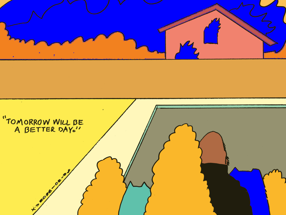 Evil Power Cat and his entire family are standing in the street watching their house burn down. Rebecca says tomorrow will be a better day. 