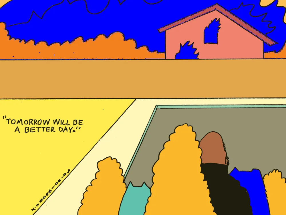 Evil Power Cat and his entire family are standing in the street watching their house burn down. Rebecca says tomorrow will be a better day. 