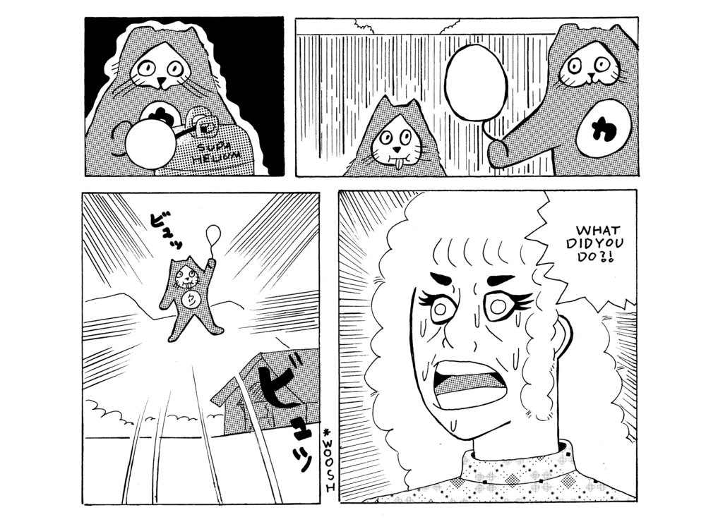 Evil Power Cat is filling up a balloon from a canister labeled super helium and hands the balloon to Damn Cat who is standing in the backyard. Damn Cat zips off into the sky and Rebecca comes out to shout at Evil Power Cat what did you do?! 