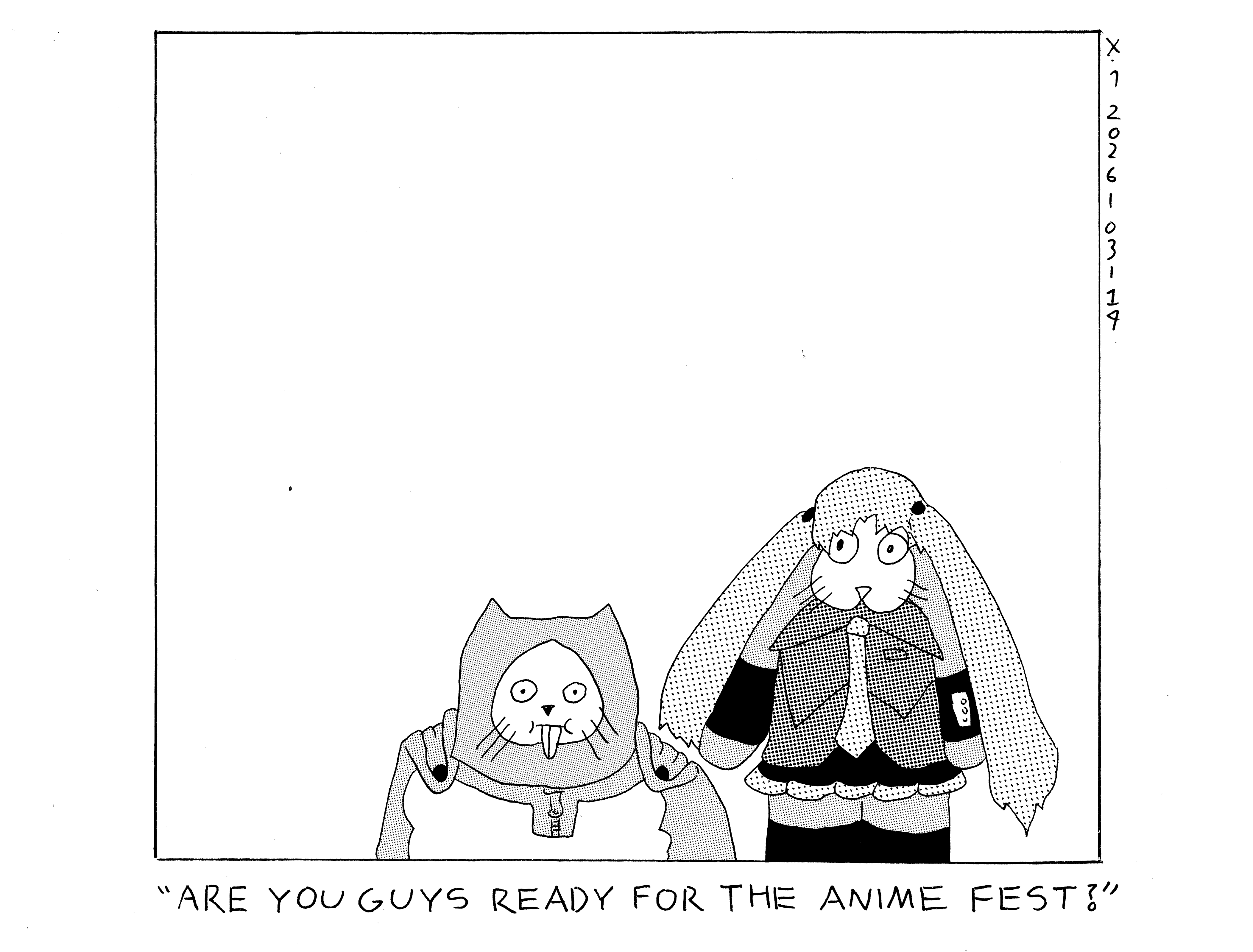 Evil Power Cat is dressed as hatsune miku and damn cat is dressed as one punch man. Someone off camera says are you guys ready for the anime fest? 