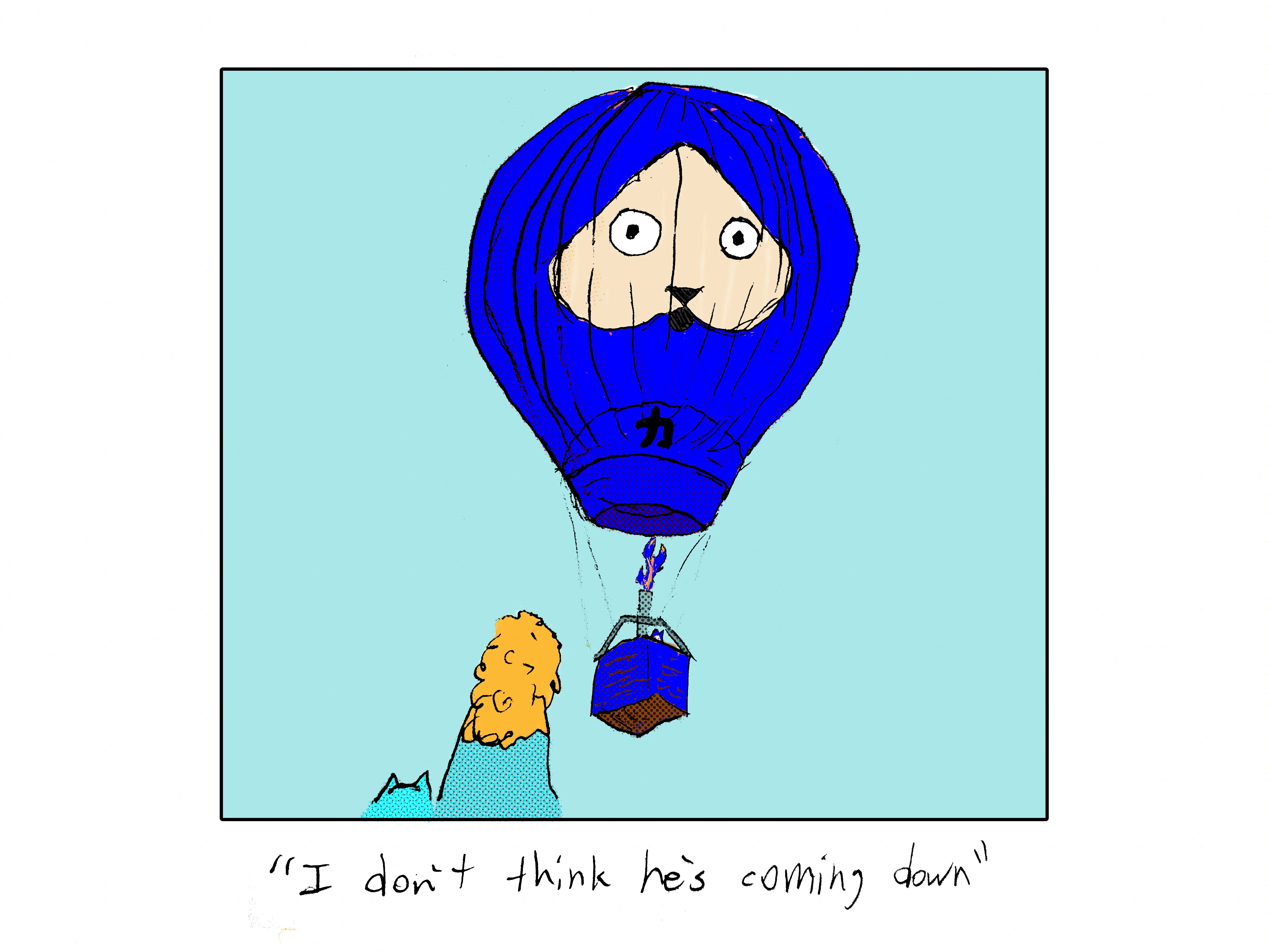 Rebecca and Damn Cat are looking up at Evil Power Cat floating away in a hot hair balloon that has Evil Power Cat's face on it. Rebecca says I don't think he's coming down 