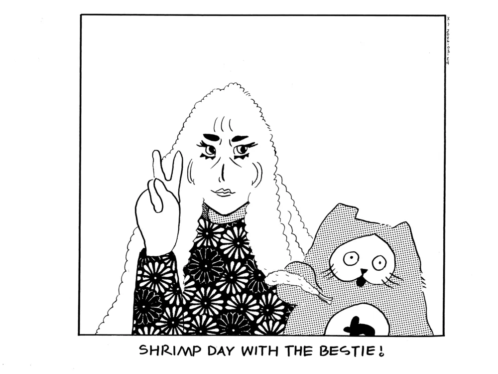 Rebecca is doing a peace sign next to power cat who is holding up a piece of shrimp tempura. Caption says shrimp day with the bestie! 
