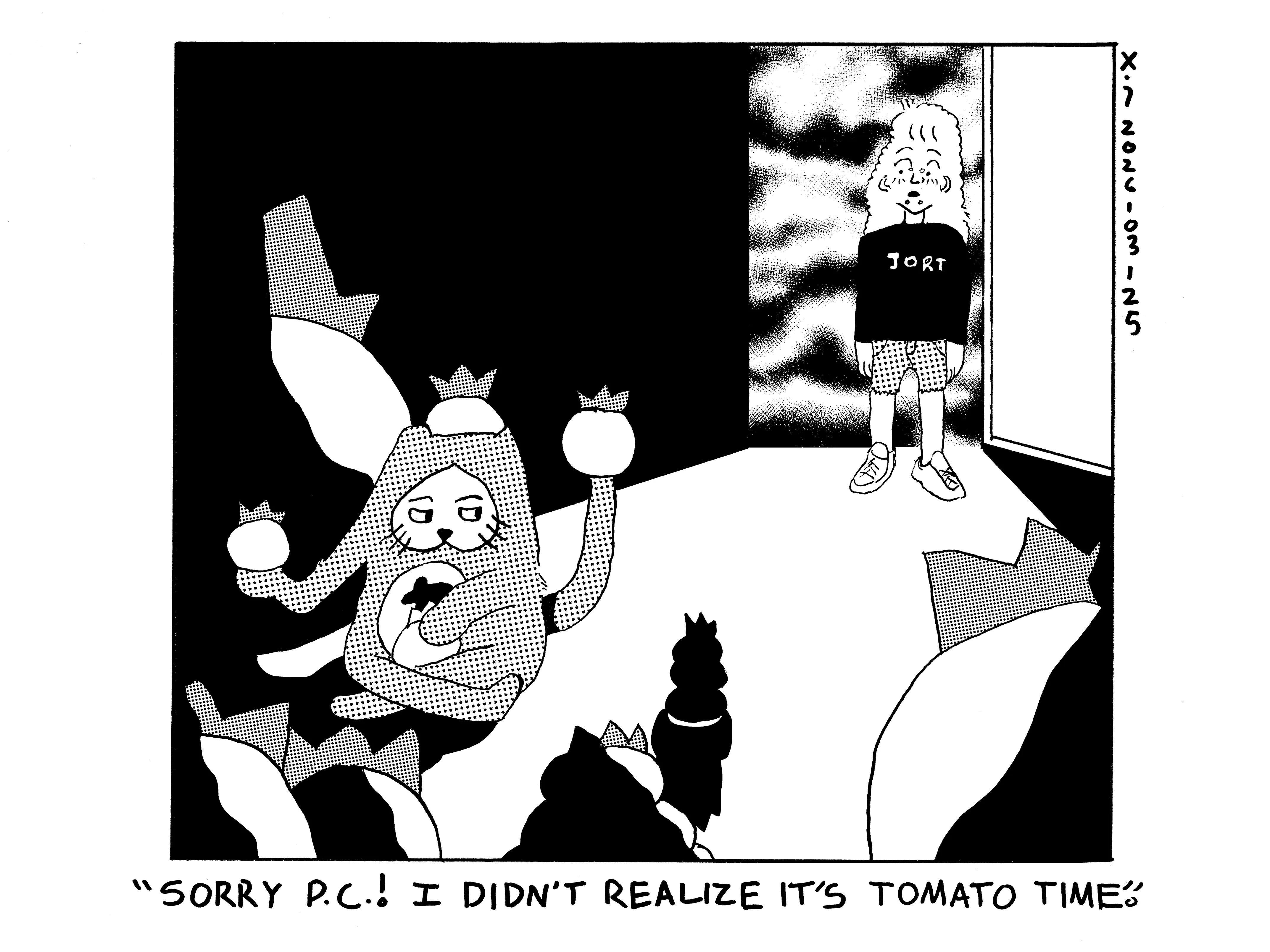 Rosie, who is Rebecca's other daughter and Rachel's older sister, walks in on Evil Power Cat in a dark room holding some blueberries around a bunch of blueberries of varying sizes including some that are quite large. She says Sorry PC! I didn't realize it was blueberry time. 