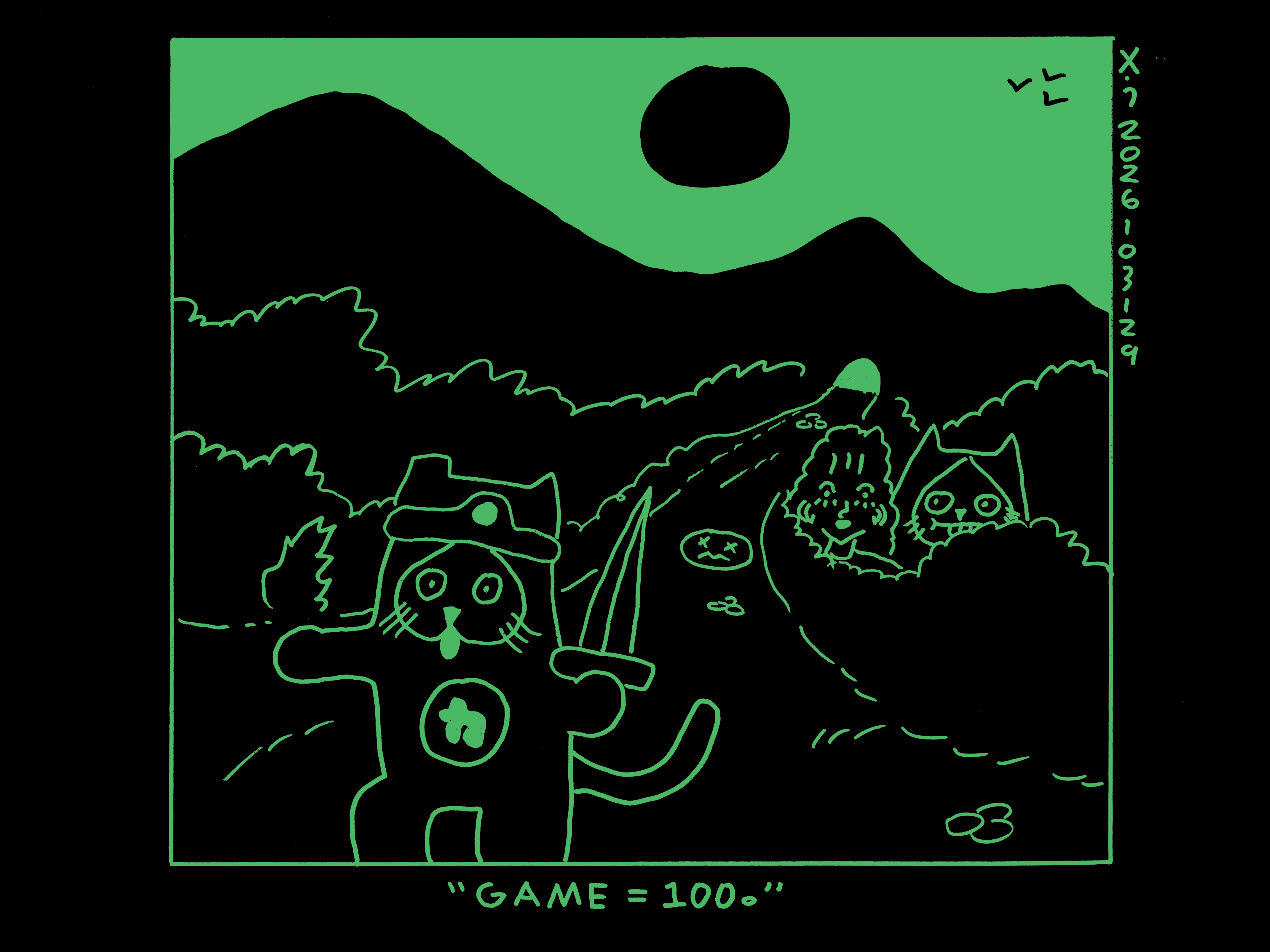 Evil Power Cat is in the digital realm running down a dirt path leading from a tunnel through a mountain that's surrounded by large bushes. There's a dead slime in the background further down the path, but in the bushes nearby is Rachel and Damn Cat. Evil Power Cat is holding a sword in one hand and casting a fireball in the other and looks excited. Rachel says game = 100.  