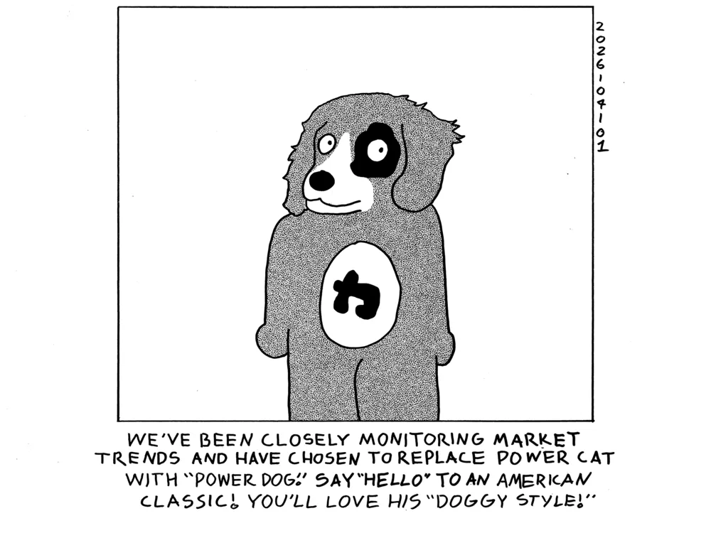 There's a cartoon dog in the center of the page that has the kanji for power on his stomach. He has a white snout with the rest of his fur being dark, and he has a black patch over his eye. The caption reads we've been closely monitoring market trends and have chosen to replace power cat with Power Dog. Say hello to an American classic! You'll love his doggy style! 