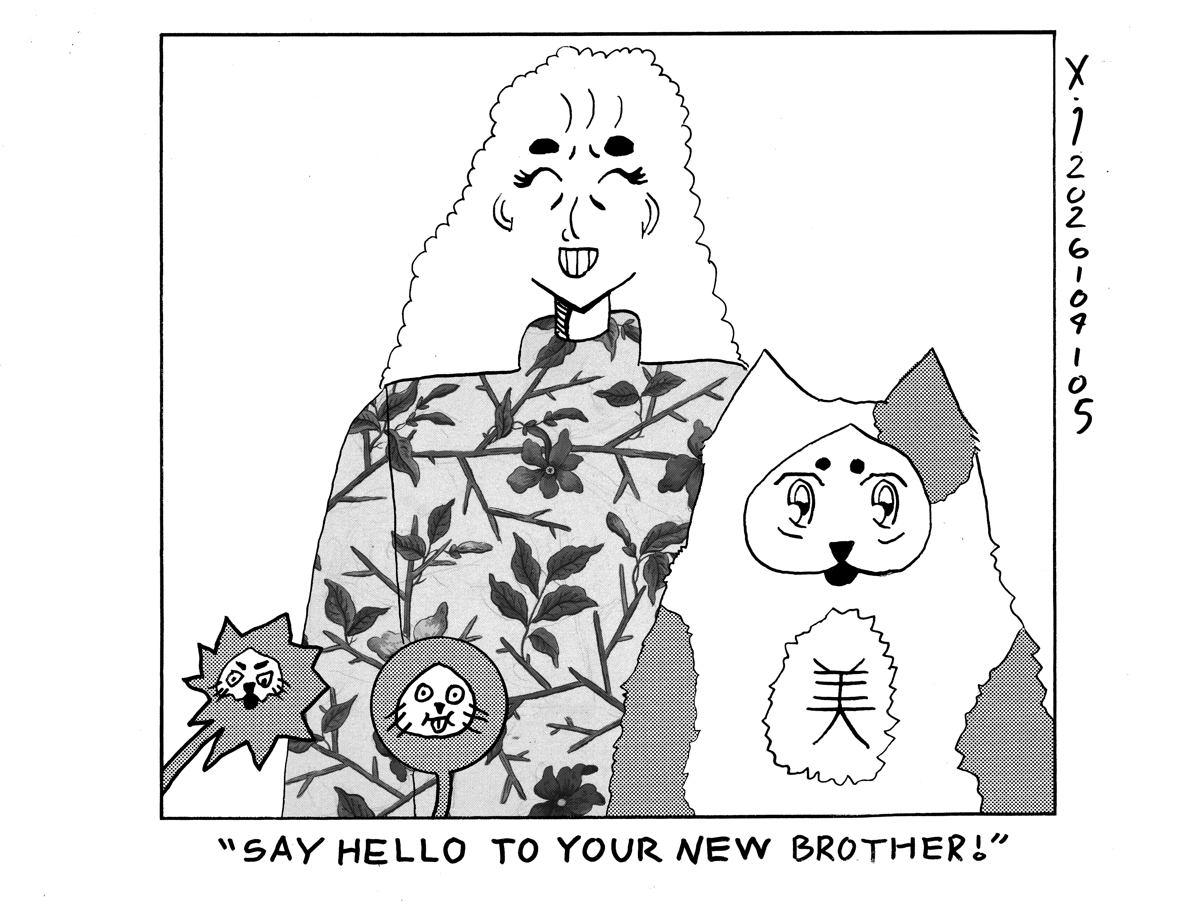 Rebecca is standing behind a white tabby cat with big shining eyes and the kanji for beauty on his stomach. Rebecca says say hello to your new brother to Evil Power Cat and Damn Cat. There's a shout balloon showing Evil Power Cat's angry expression and a normal balloon showing Damn Cat's usual expression of looking clueless. 