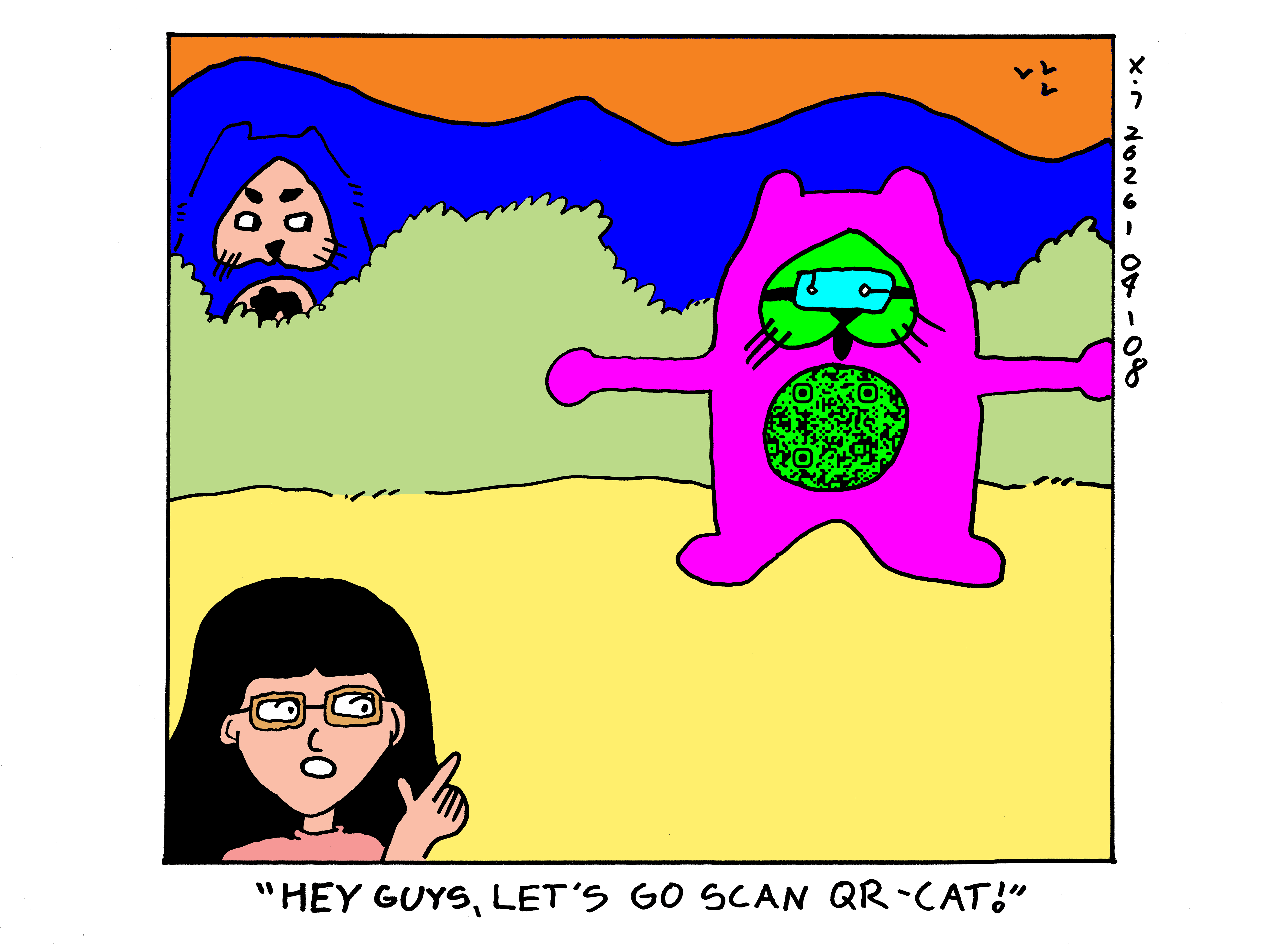 There's a bright magenta and green cat standing in the desert and a girl pointing at him says hey guys let's go scan QR-cat. QR-cat has a QR patterned stomach that links to knifealien.com. Evil Power Cat is in the bushes glaring at QR-Cat