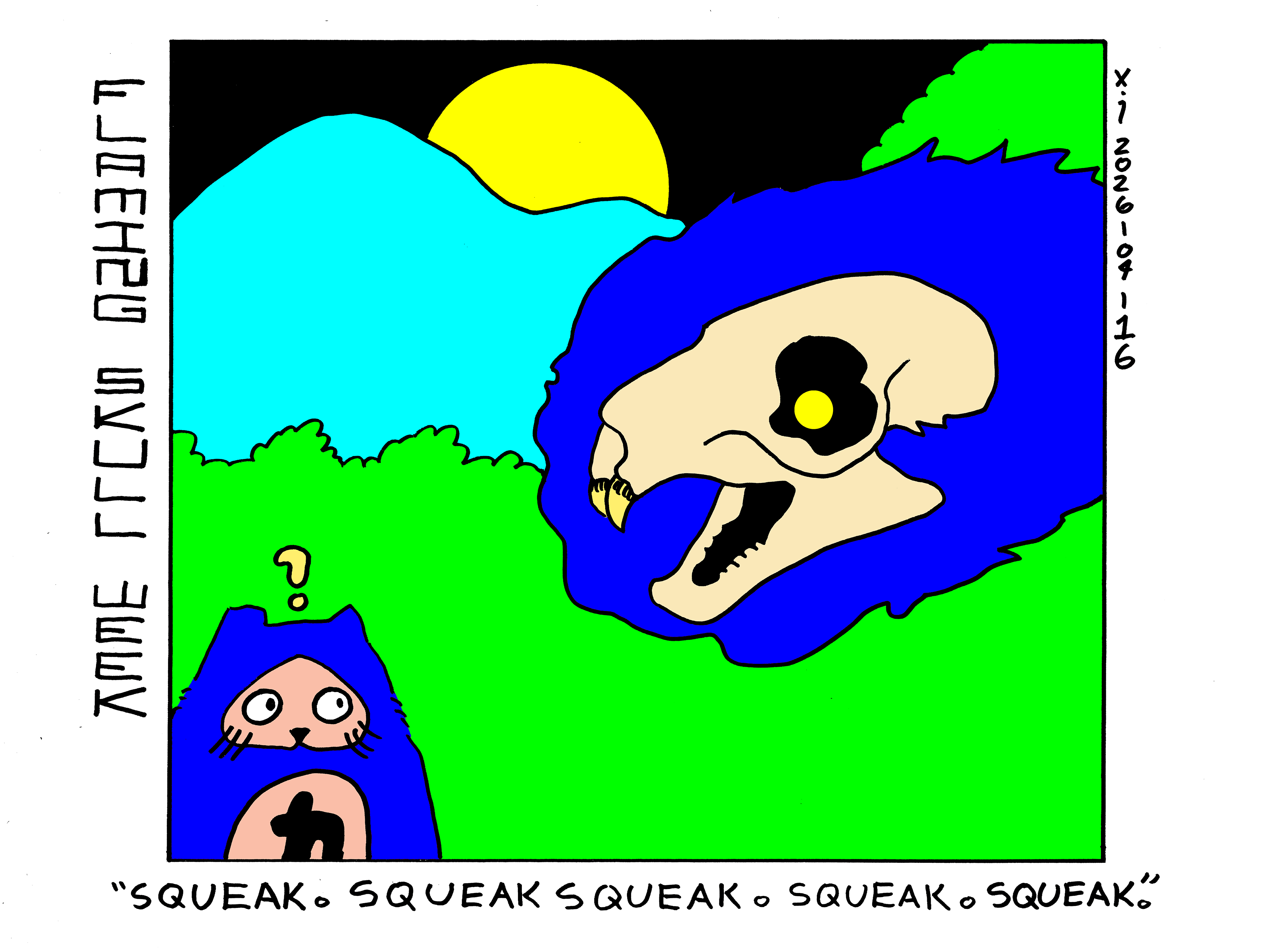 There's a flaming rat skull floating in the desert at night talking to power cat who looks confused. The flaming rat skulls says squeak. squeak squeak. squeak. squeak. 
