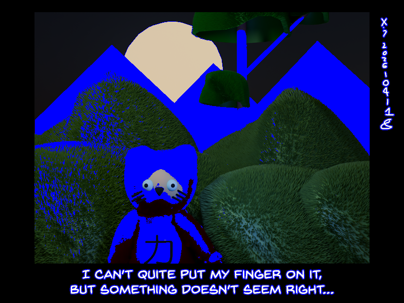 Tonight's Evil Power Cat is actually a 3D render of Evil Power Cat standing in the desert at night. The caption says I can't quite put my finger on it, but something doesn't seem right...