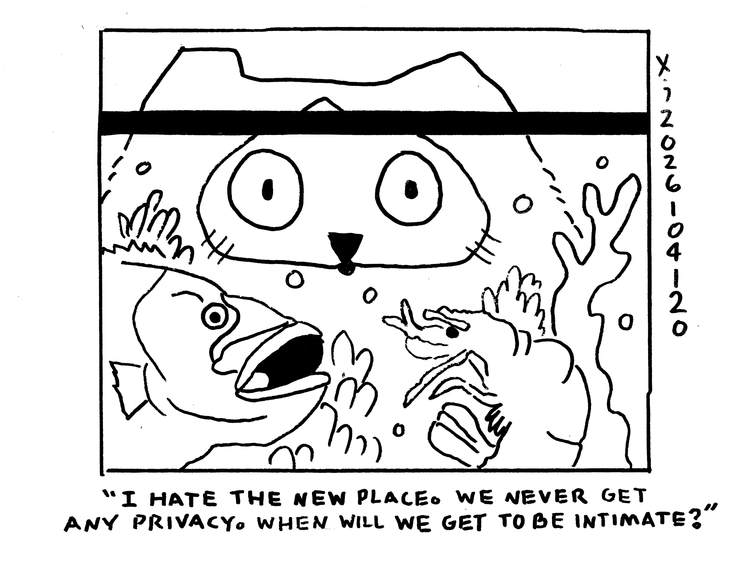 Evil Power Cat is staring into a fish tank where a bass is talking to a shrimp. The bass says I hate the new place. We never get any privacy. When will we get to be intimate? 
